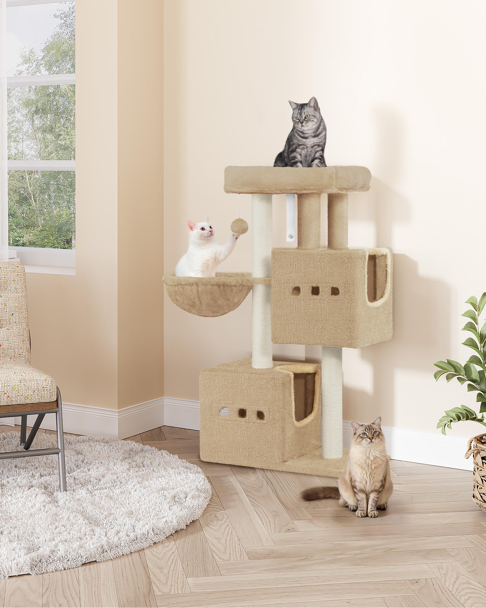 Hzuaneri Tiragraffi per gatti, 98 cm, piccolo, marrone cammello | Tiragraffi a più piani con posatoi, mobili per gatti con 2 grotte, tiragraffi in sisal, amaca, grotta, MS10018LCV1
