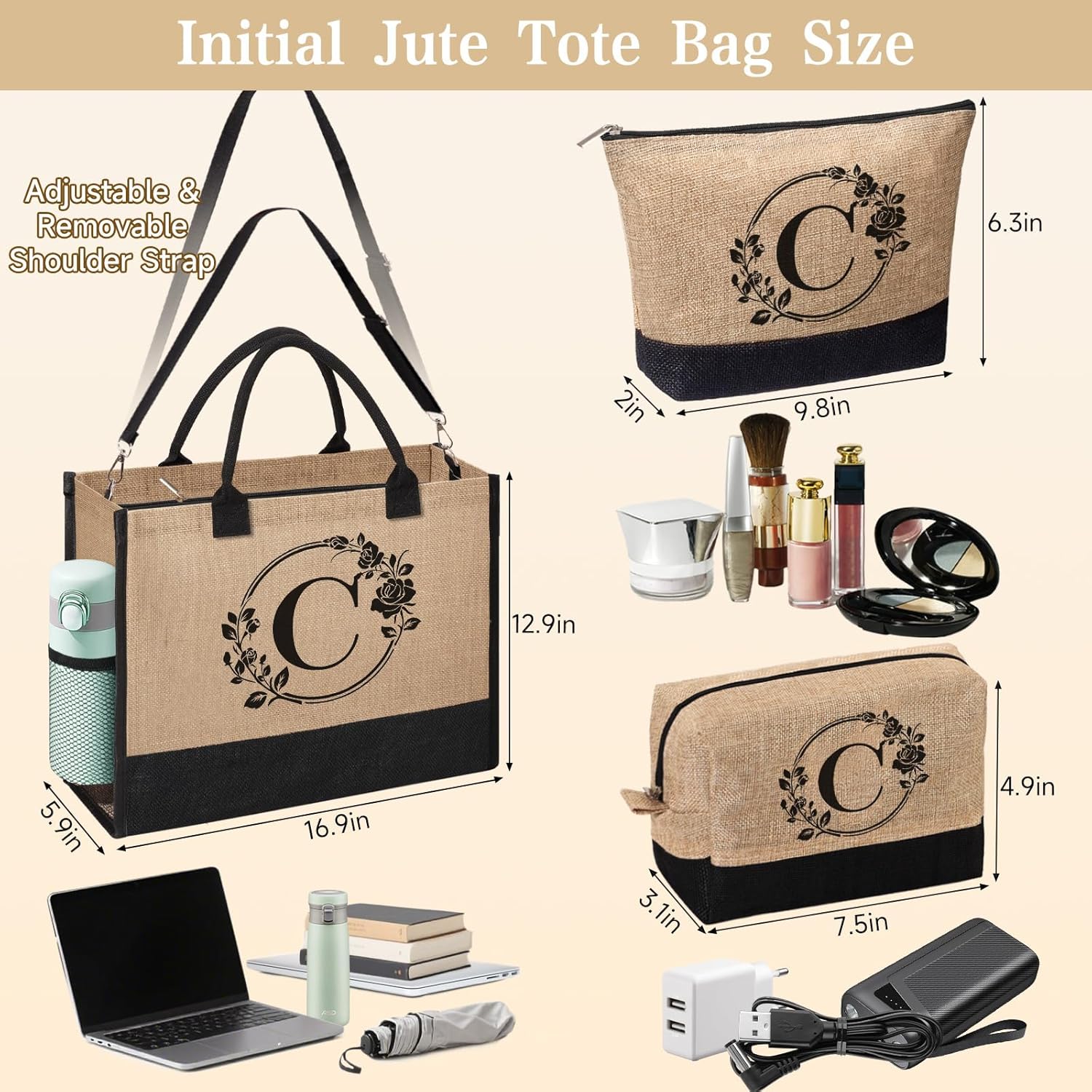 Personalized Gifts for Women, Initial Jute Tote Bag Monogrammed Beach Bag, Mothers Day & Birthday Gifts for Mom Women Friend