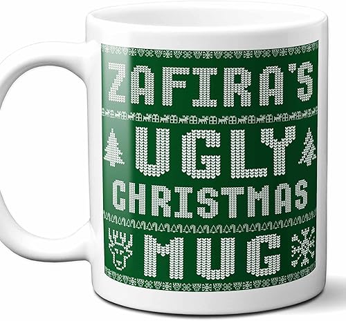 Regalo de Navidad con nombre de Zafira. Taza de café con suéter feo de Navidad. Divertido regalo de Navidad personalizado, relleno de calcetines