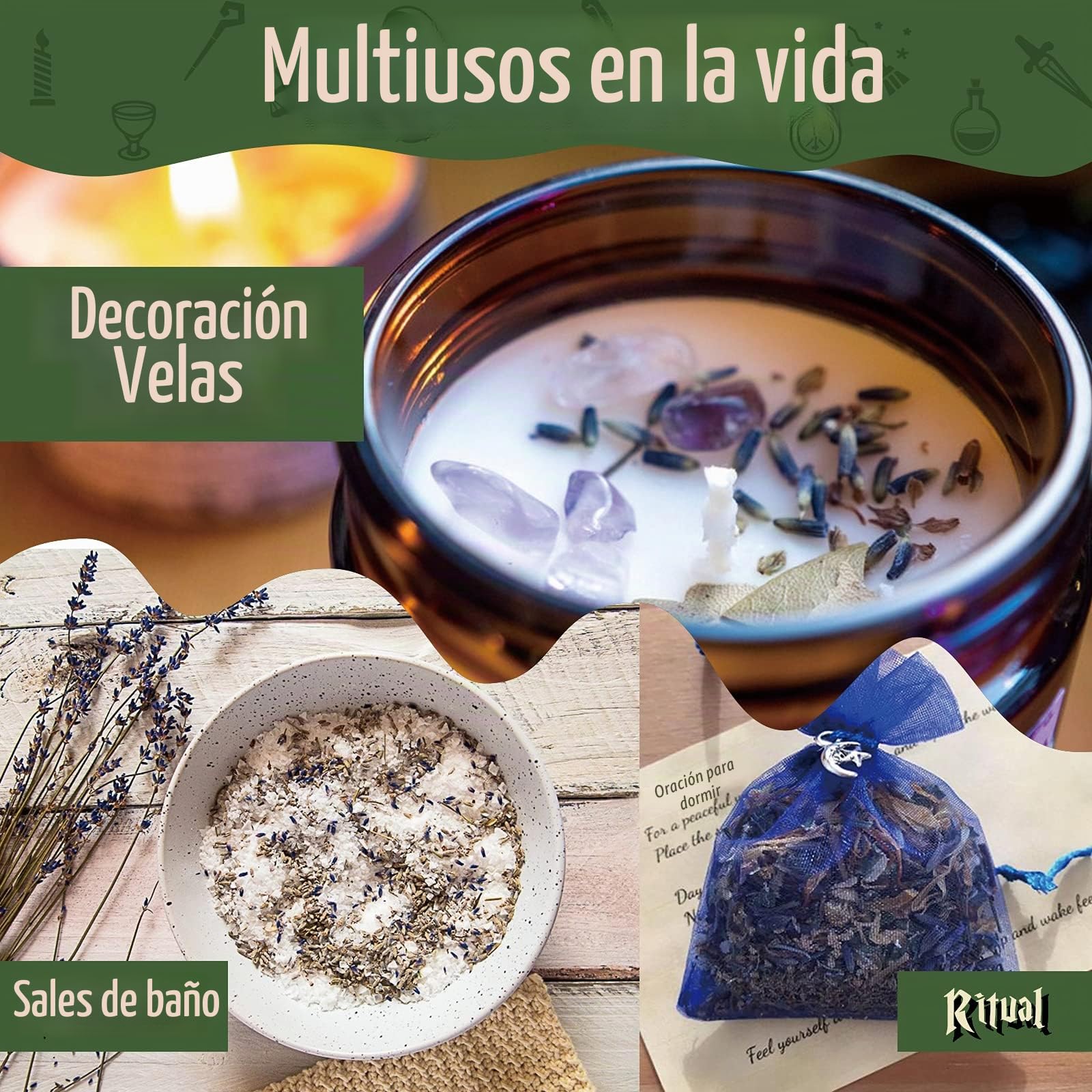 Kit de iniciación de brujería, suministros de brujería para altar wiccano - 63 paquete de cristales, hierbas secas, velas mágicas de colores, bolsas de encanto y sal ritual de brujas para hechizos