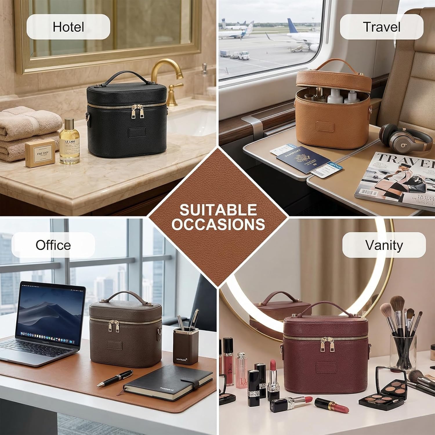 Leather Vanity Case Makeup Bag with Removable Divider, Washable Compartments, Dual Zipper & Carry Handle – Travel Toiletry Organizer for Women