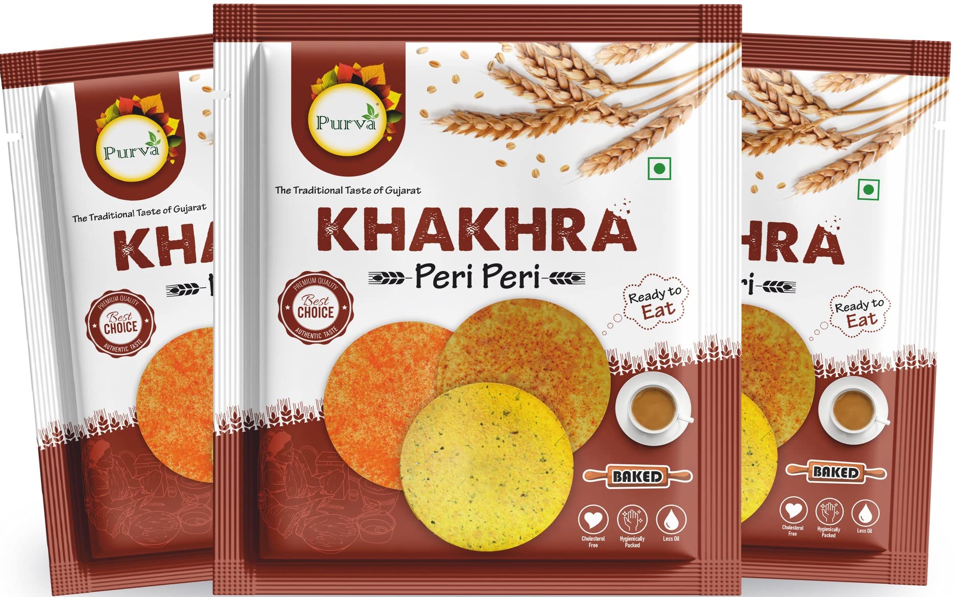 PURVA Special Baked Peri Peri And Methi Masala Khakhra Combo Pack Gujrati Indian Snacks Healthy 100% Natural Ingredient Diet Friendly Each Pack Pack Of 2 800 Gm Baked Peri Peri And Methi Masala Khakhra