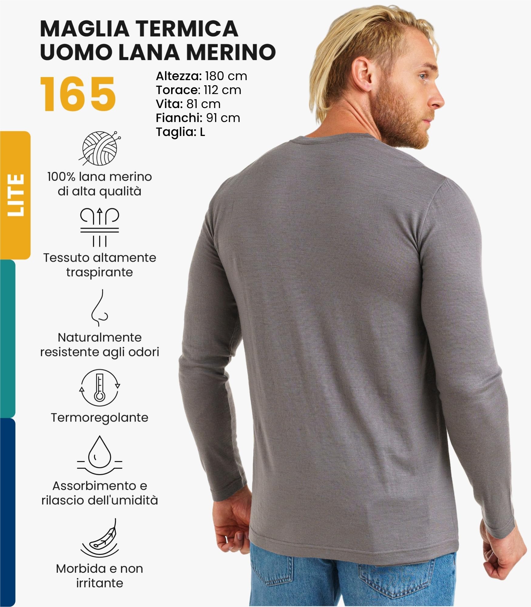 Merino.tech Maglia Termica Lana Merino Uomo - 100% Intimo Termico Lana Merino Uomo Leggero, Medio, Pesante con Calzini
