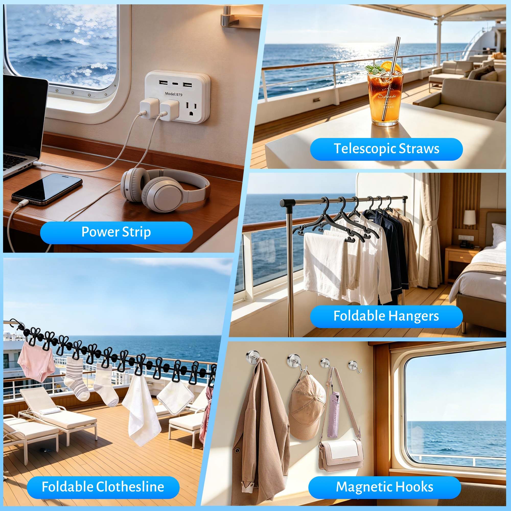 Cruise Essentials 2026, kit da crociera da 26 pezzi con protezione contro le sovratensioni, cannuccia telescopica, ganci magnetici, cordino, ganci, custodie impermeabili per telefono, filo