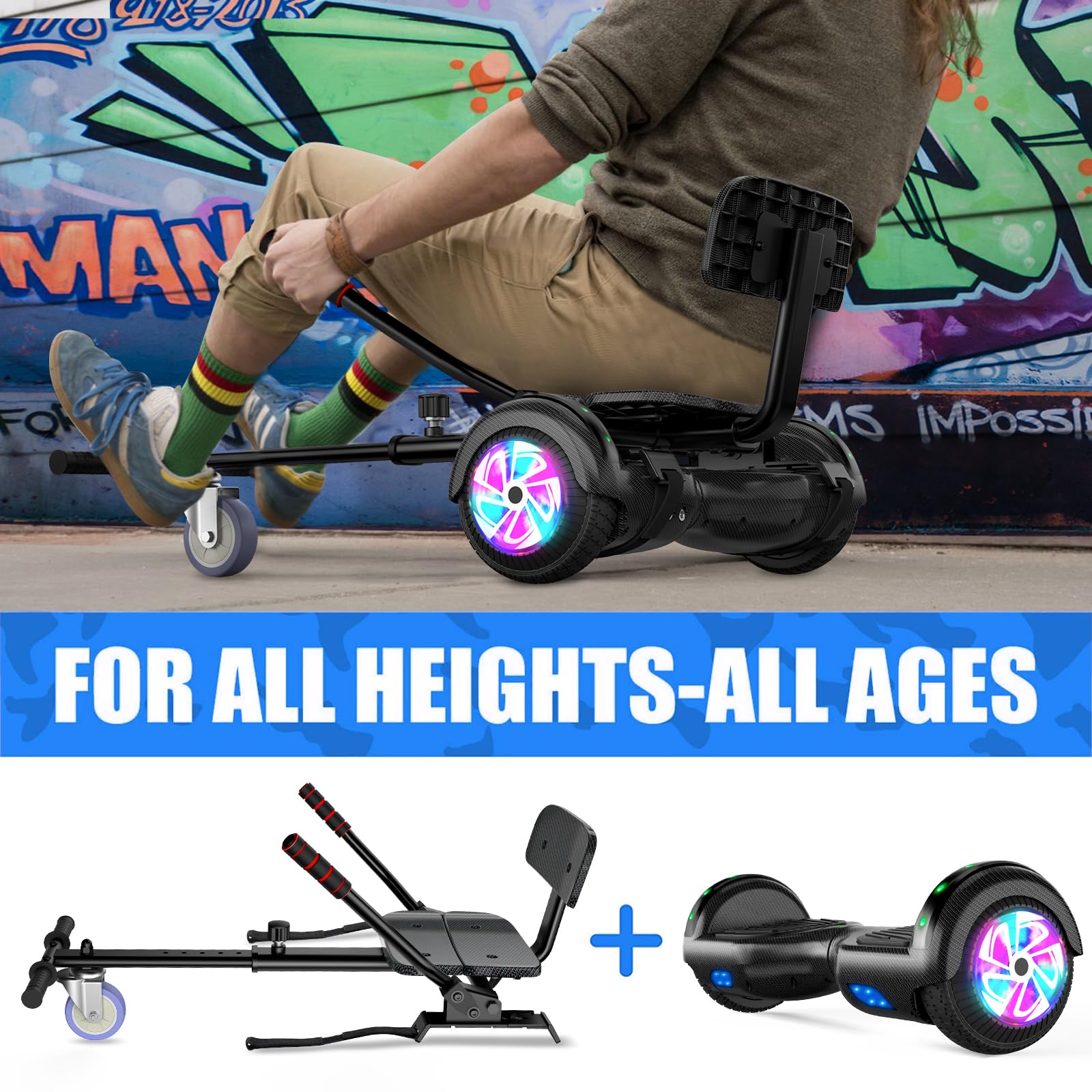 Hoverboard mit sieben, Hoverboard mit 6,5 Pouces mit hautparleur Bluetooth und farbigen Lichtern, selbstfahrender Roller für Kinder (Go-Kart inklusive)