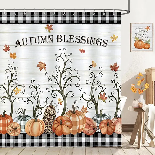 Bonhause Autumn Pumpkin Plaid Shower Curtain - Waterproof Polyester with Hooks
