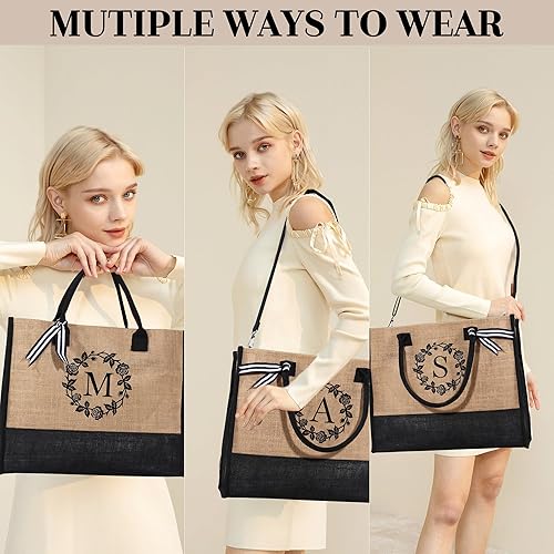 Miniatura 5 de Regalos para mujeres  Bolsa de yute con inicial de playa y bolsa de maquillaje, regalos de graduación 2024, regalos de cumpleaños para mejor amiga