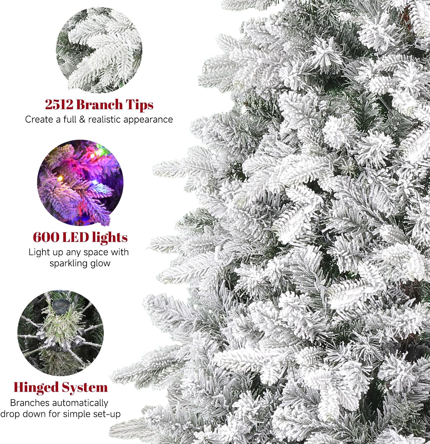 360° Rotating Snow Flocked Christmas Tree 9FT, Musical Prelit Christmas Tree with Remote Control, 600 LED Lights 8 Modes-Warm White Multi-Color Artificial Xmas Tree for Holiday Decor