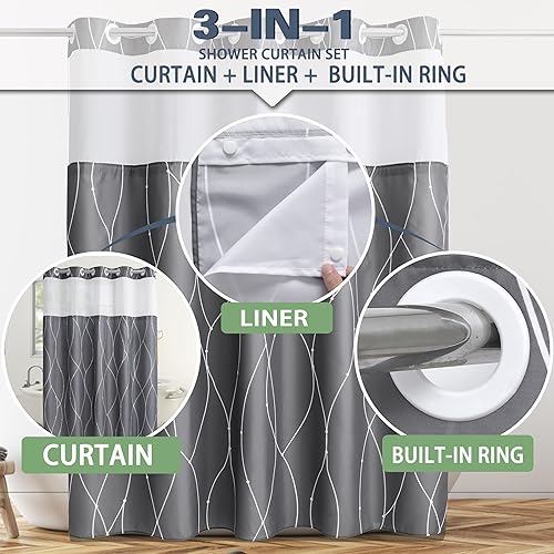 Miniatura 5 de Cortina de ducha de tela a rayas grises y blancas con forro extraíble para bañeras de baño, juego de cortina de ducha de hotel y forro con ventana