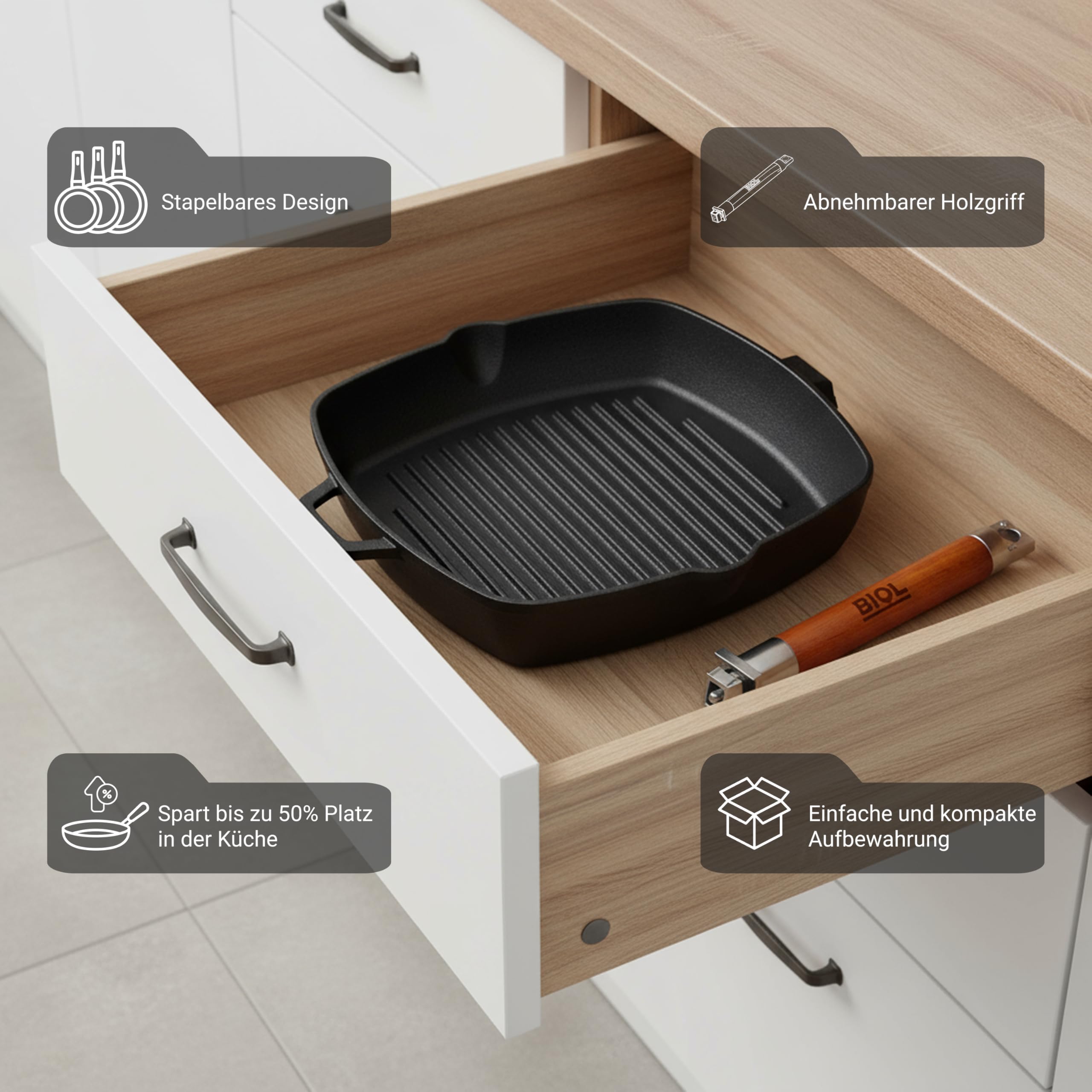 BIOL Grillpfanne 26x26 cm aus emailliertem Gusseisen – Gusseisen Grillpfanne Induktion mit abnehmbarem Holzgriff, quadratische Steakpfanne, ohne PTFE