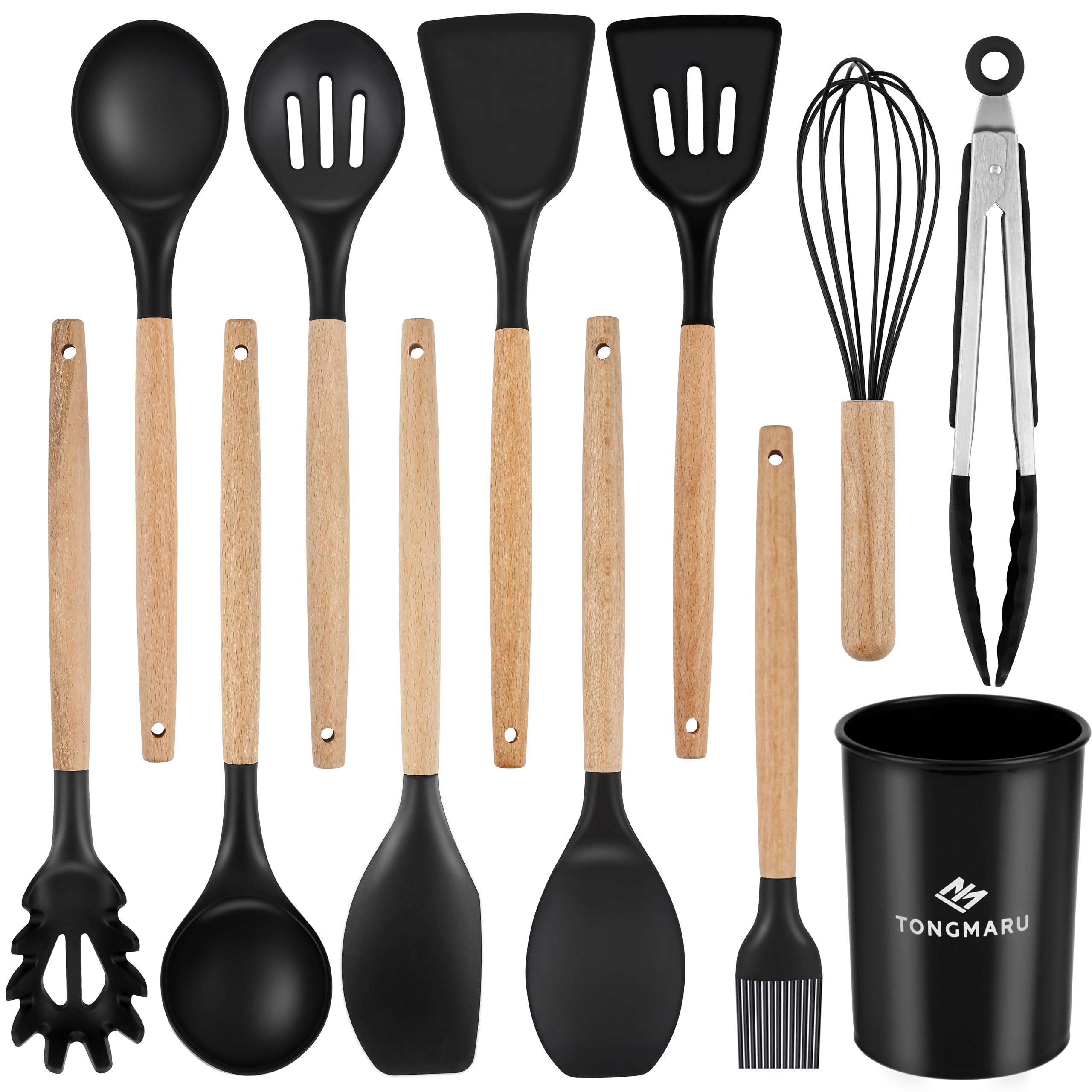 Silicone Cooking Utensils Set, Premium Beech Wood Handle Kitchen Gadgets Utensil Set, Non-Stick Kitchen Utensils Spatula, Tongs, Turner, Whisk, Brush,