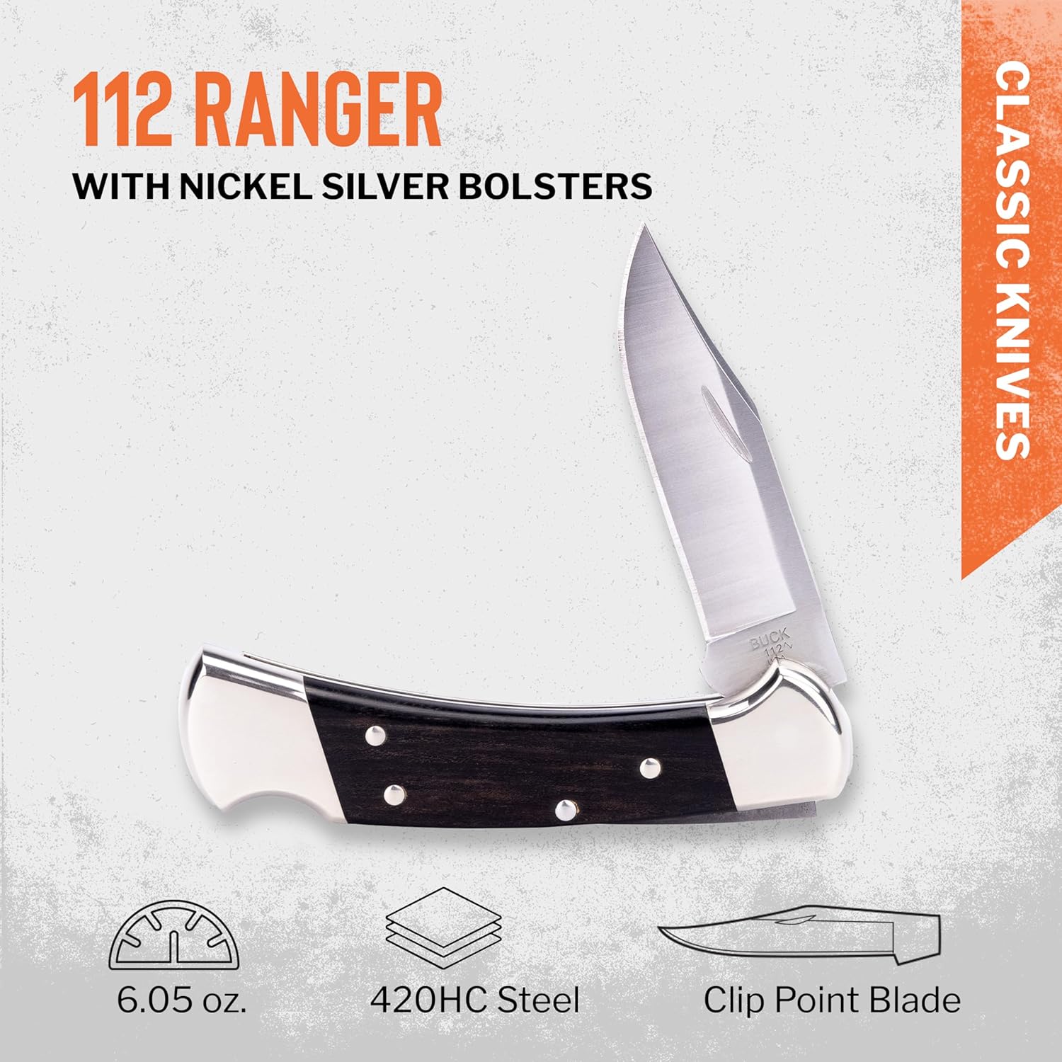 Buck Knives 112 Ranger Hunting Knife, 3" Blade, Lockback Design, Ebony Handle, Silver Bolsters, 420HC Stainless Steel Clip Point Blade, Sheath Included, Folding Knife Made in the USA, 6.05 oz