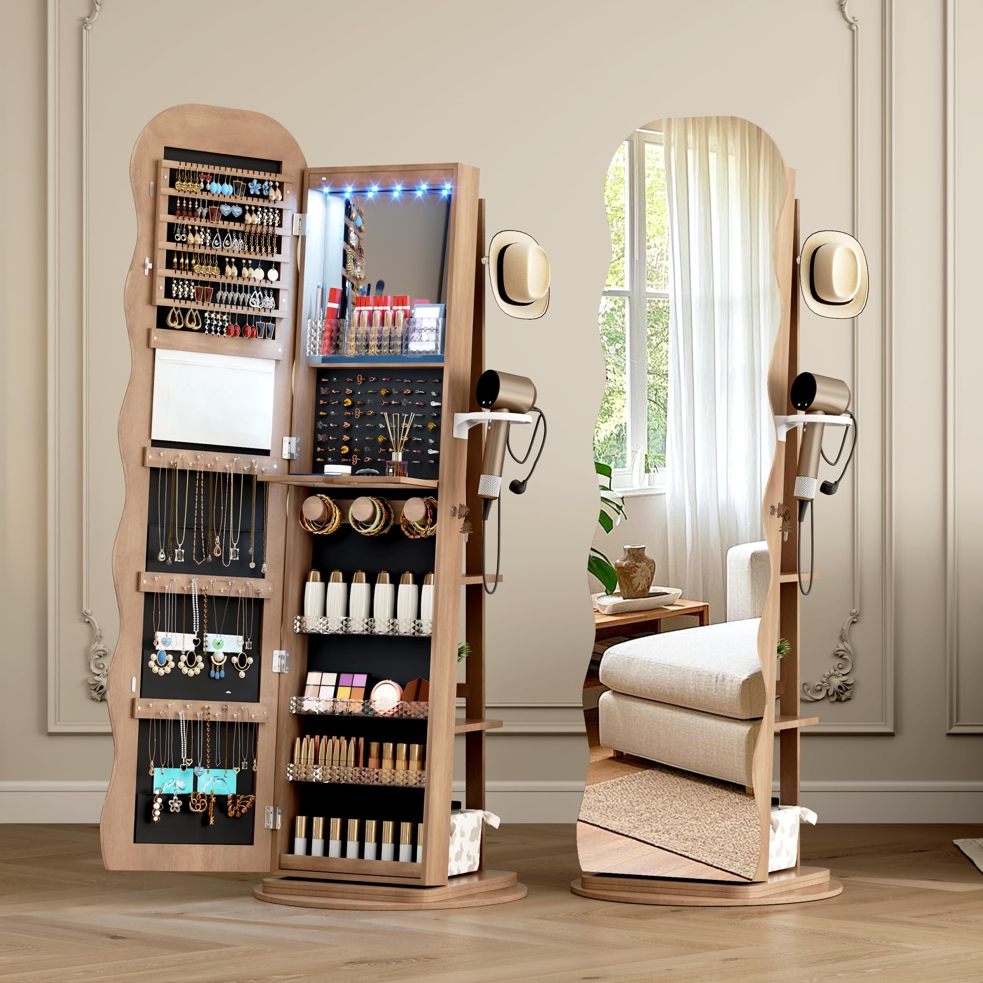 LVSOMT Armoire à bijoux LED avec Miroir Ondulé, Rotative à 360° Armoire à bijoux Verrouillable, Armoire Miroir Debout pour Salon et Chambre à coucher, étagère à 3 niveaux et 3 crochets, Bois Naturel