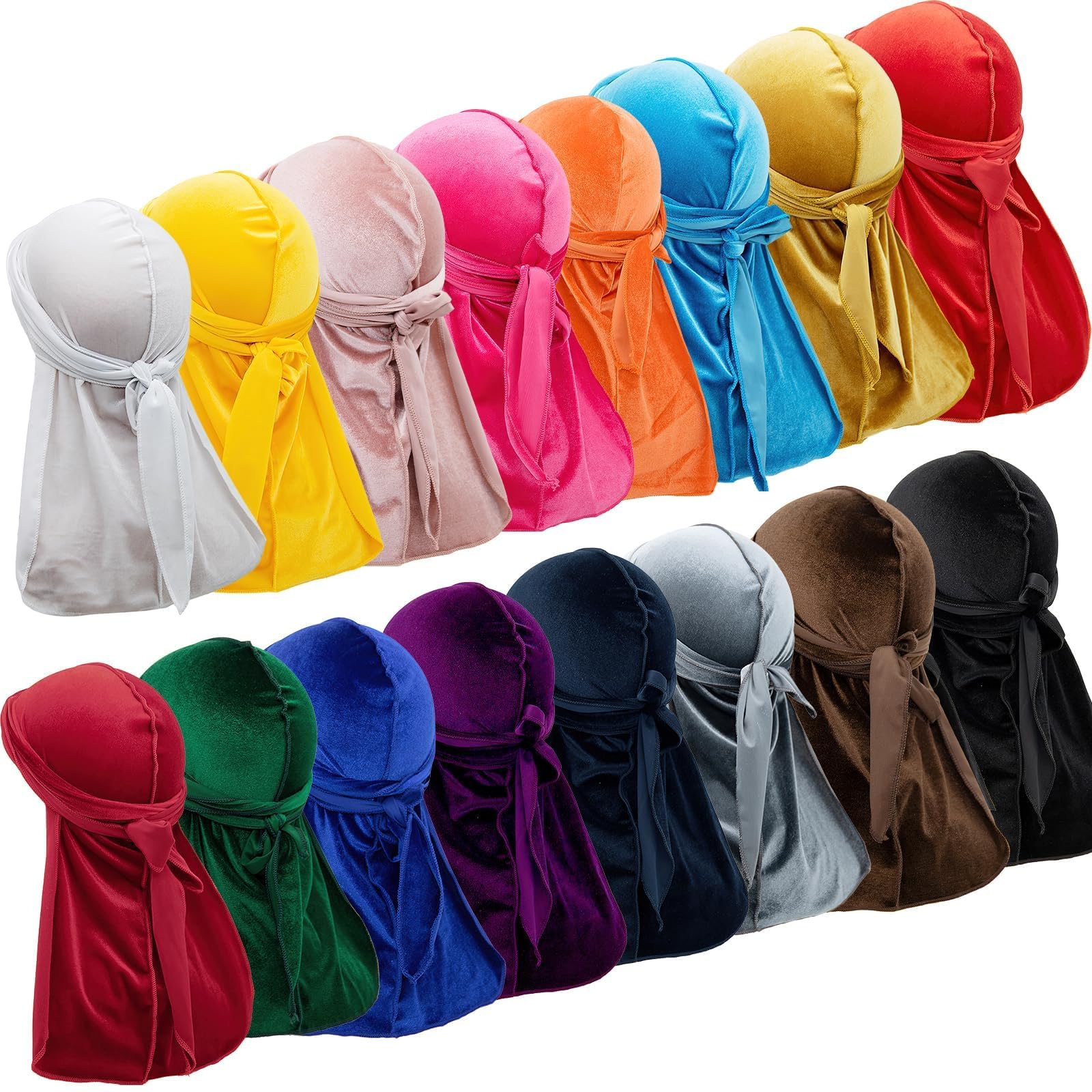 16 pezzi velluto Durags per 360 Waves, foulard lunghi Durag unisex in raso, cappello turbante pirata per tutti i giorni, feste, costumi, 16 colori
