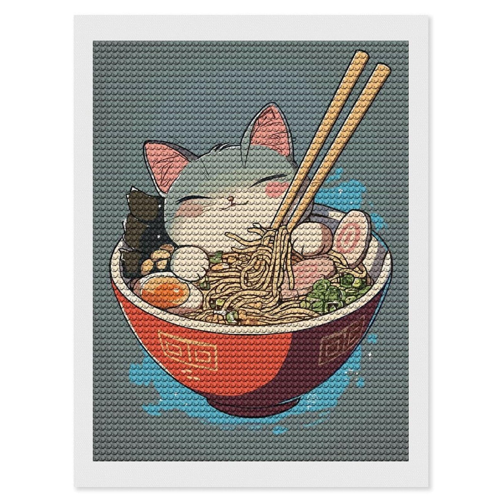 Junmoney Anime Ramen Bowl Cat Diamond Painting Canvas Kit 12"x16", Leisure Activity, Aesthetic Room Decor, with Tool Kit, DIY, Gift