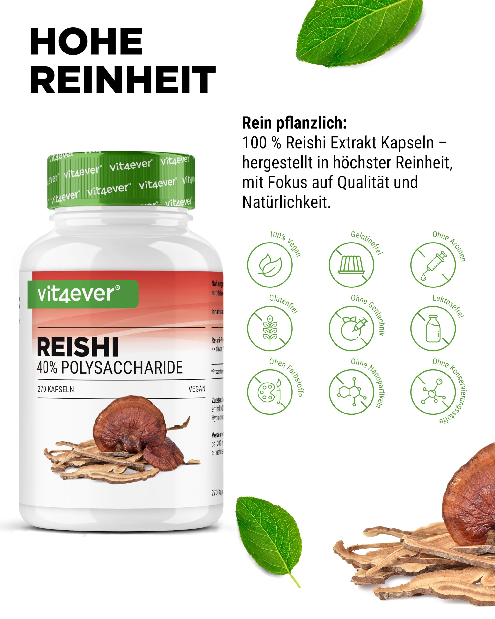 vit4ever Reishi Pilz - 270 vegane Kapseln mit 1300 mg Extrakt pro Tagesdosis - 40 % Polysaccharide - Ganoderma lucidum - hochdosiert, ohne unnötige Zusätze, vegan