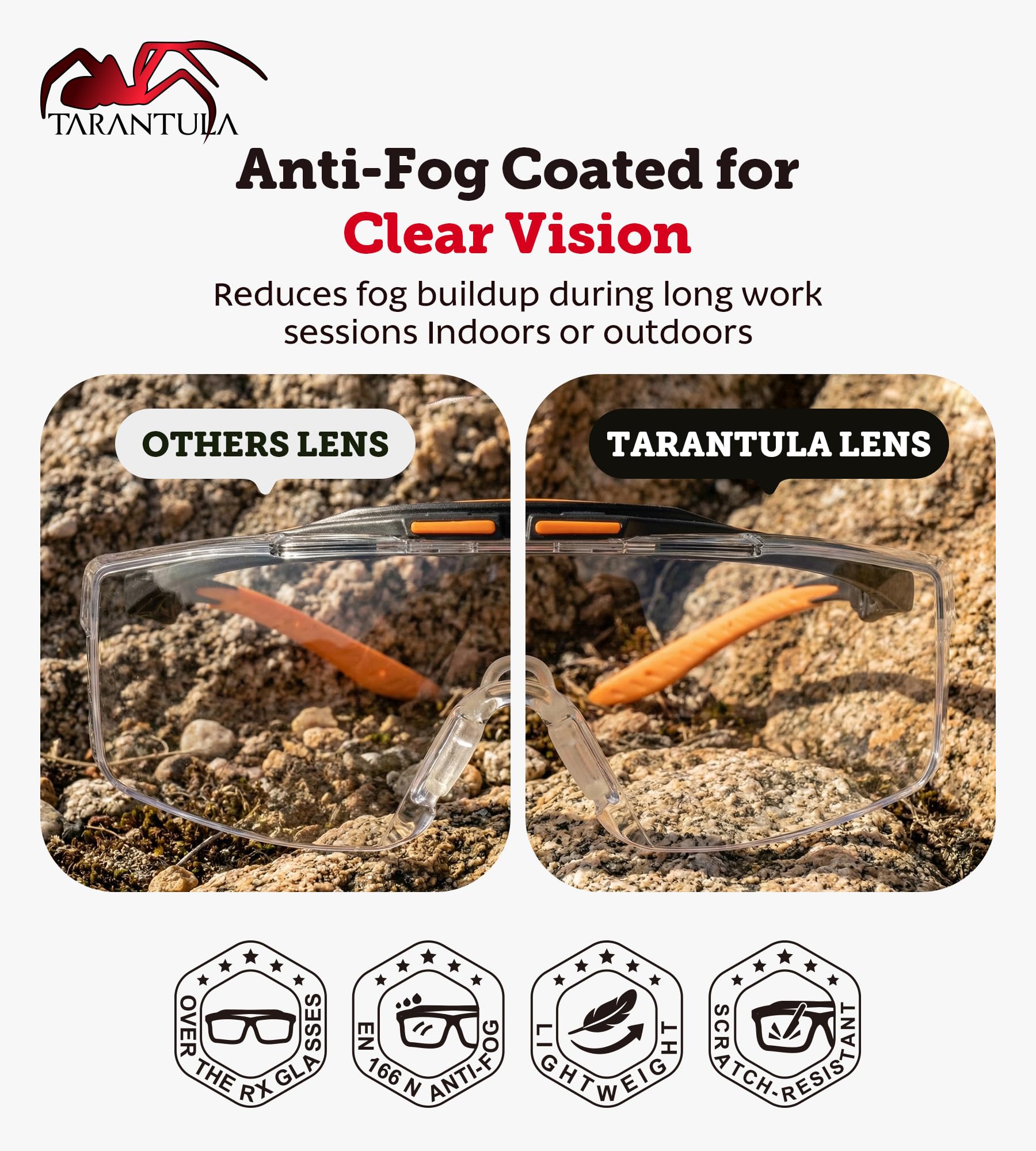 Tarantula ANSI Z87+ - Gafas de seguridad para hombres y mujeres, lentes antiarañazos, protectores laterales, patillas antideslizantes ajustables, gafas protectoras UV