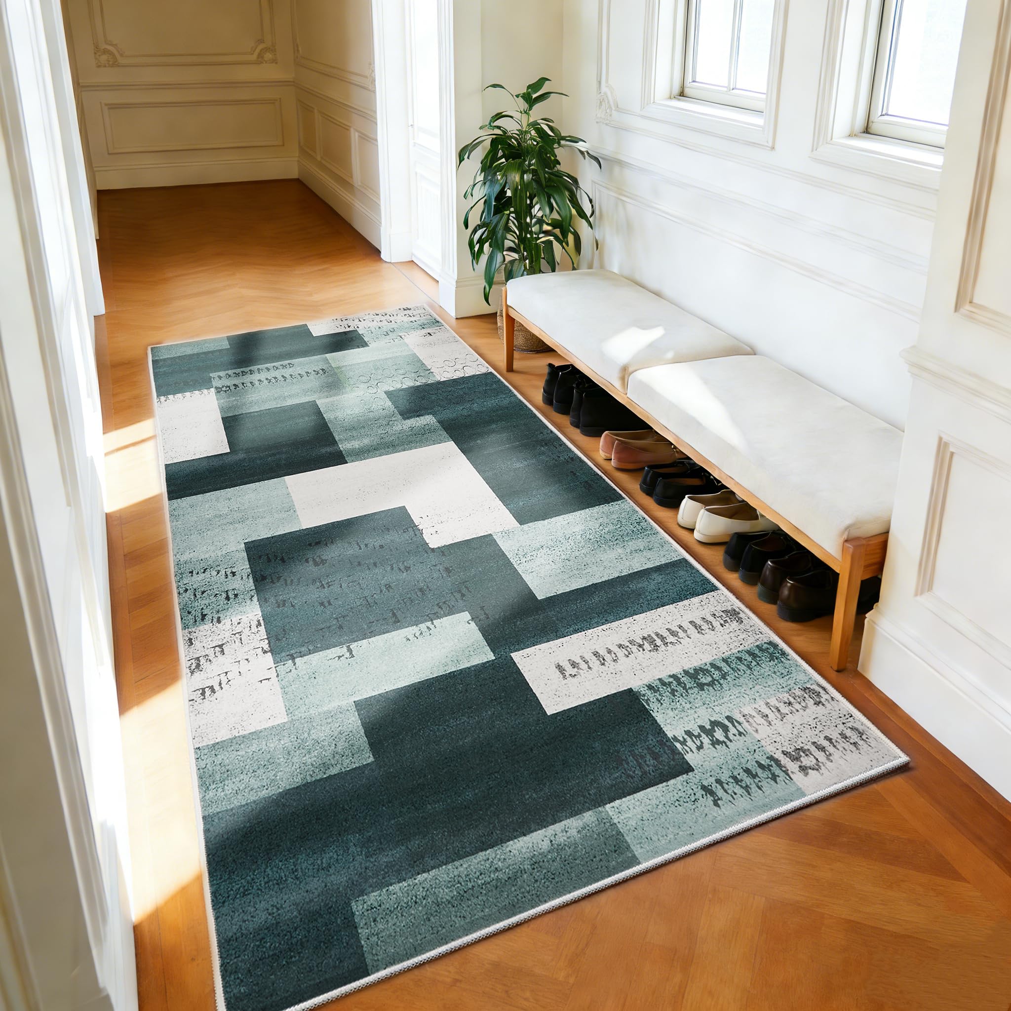 Wohnzimmerteppich 200x280 cm, waschbarer geometrischer Teppich fürs Schlafzimmer, kurzflorig, weich und rutschfest, abstrakter großer Teppich für Klassenzimmer, Esszimmer, Büro, Kinderzimmer, Blau