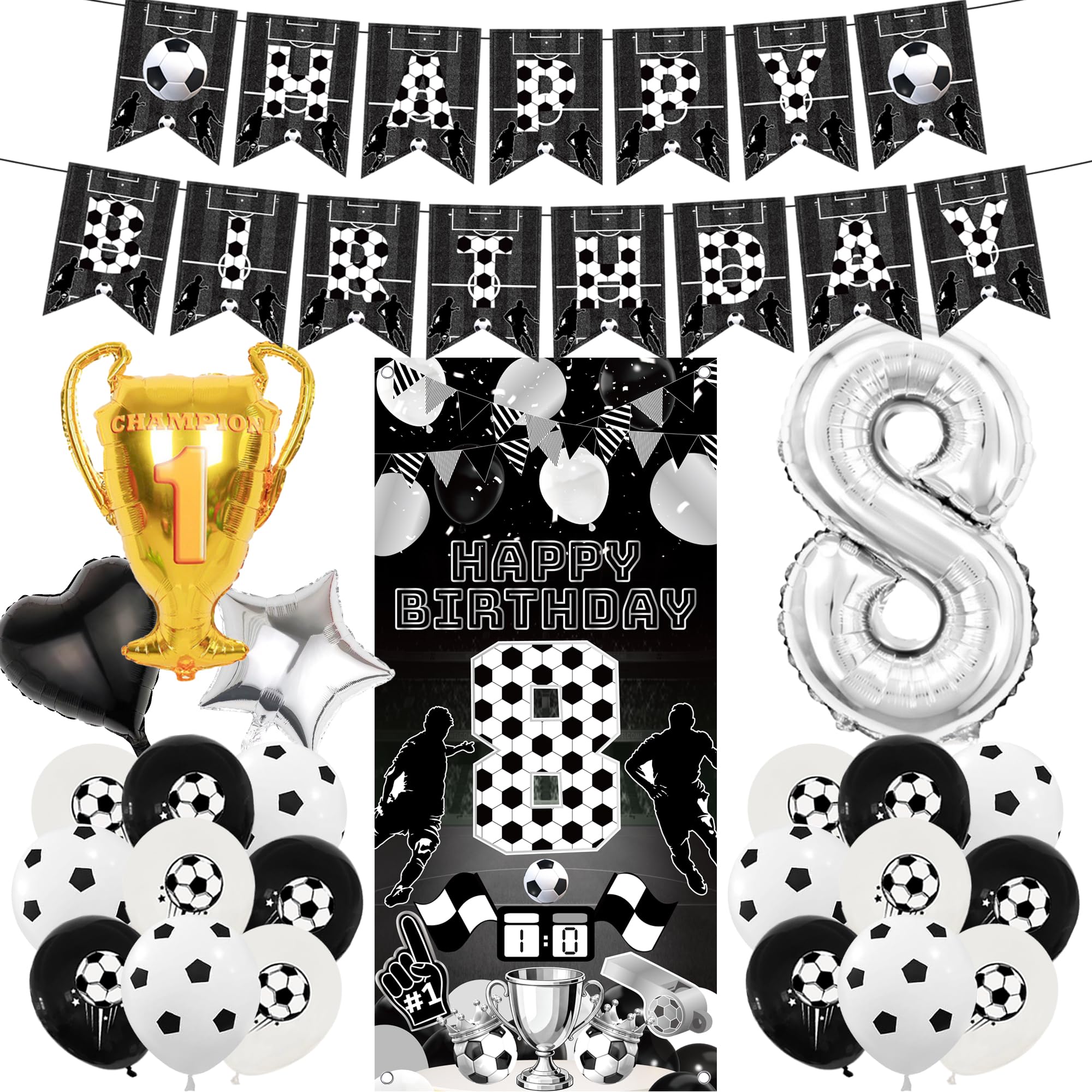 Football 8th Birthday Decorations Banner - 25 Pcs Pre-Strung Black Silver Birthday Banner Number Trophy Balloons Sports Backdrop Door Decor For Kids Boys 8 Year Old Football Themed Party Supplies
