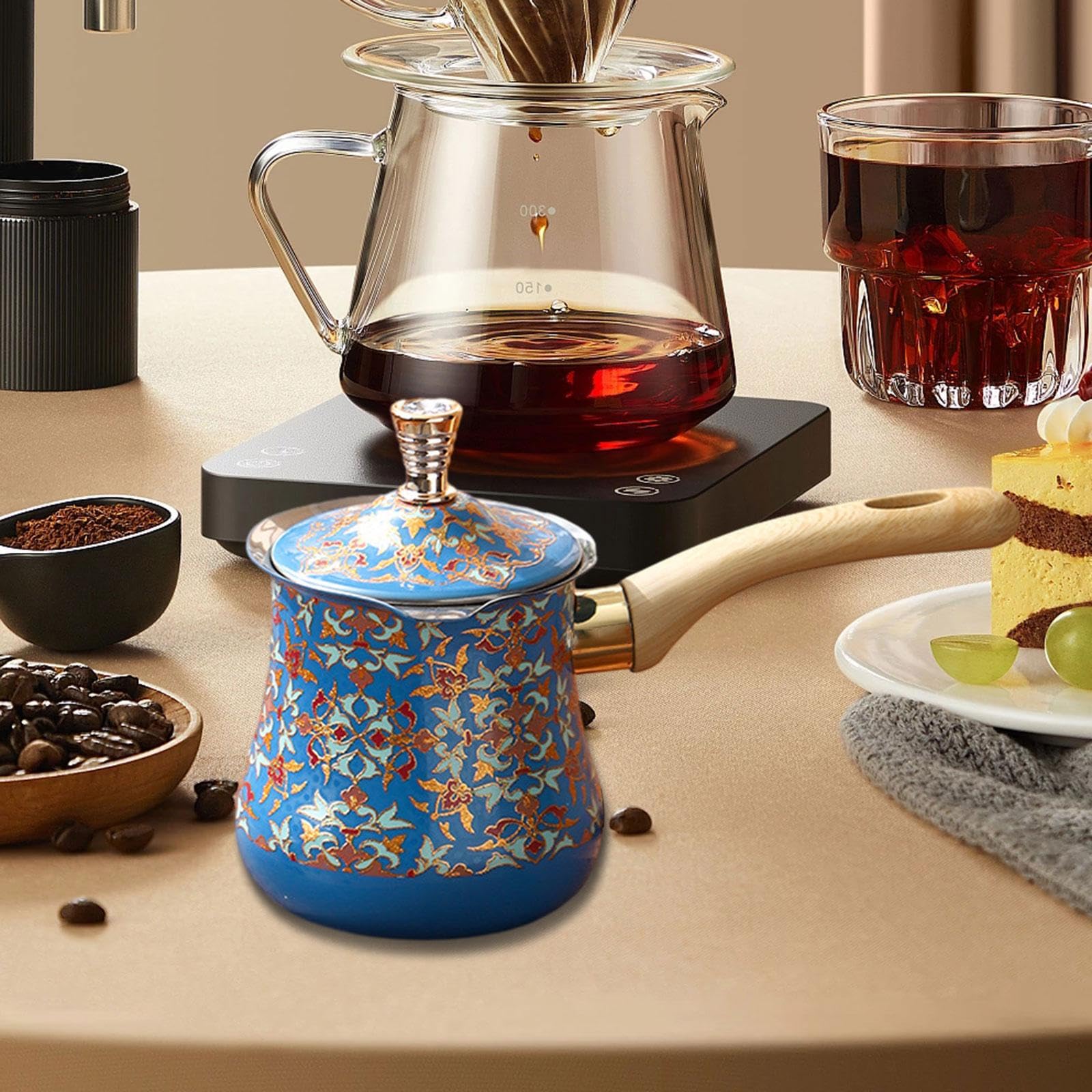 Edelstahl Induktionskanne Mokkakanne Türkische Kaffeekanne, Gießkanne mit Deckel und Ausguss, hitzebeständig, Türkische Kaffeekanne für Zuhause, Café, Restaurant, Camping, Blau Muster 550 ML