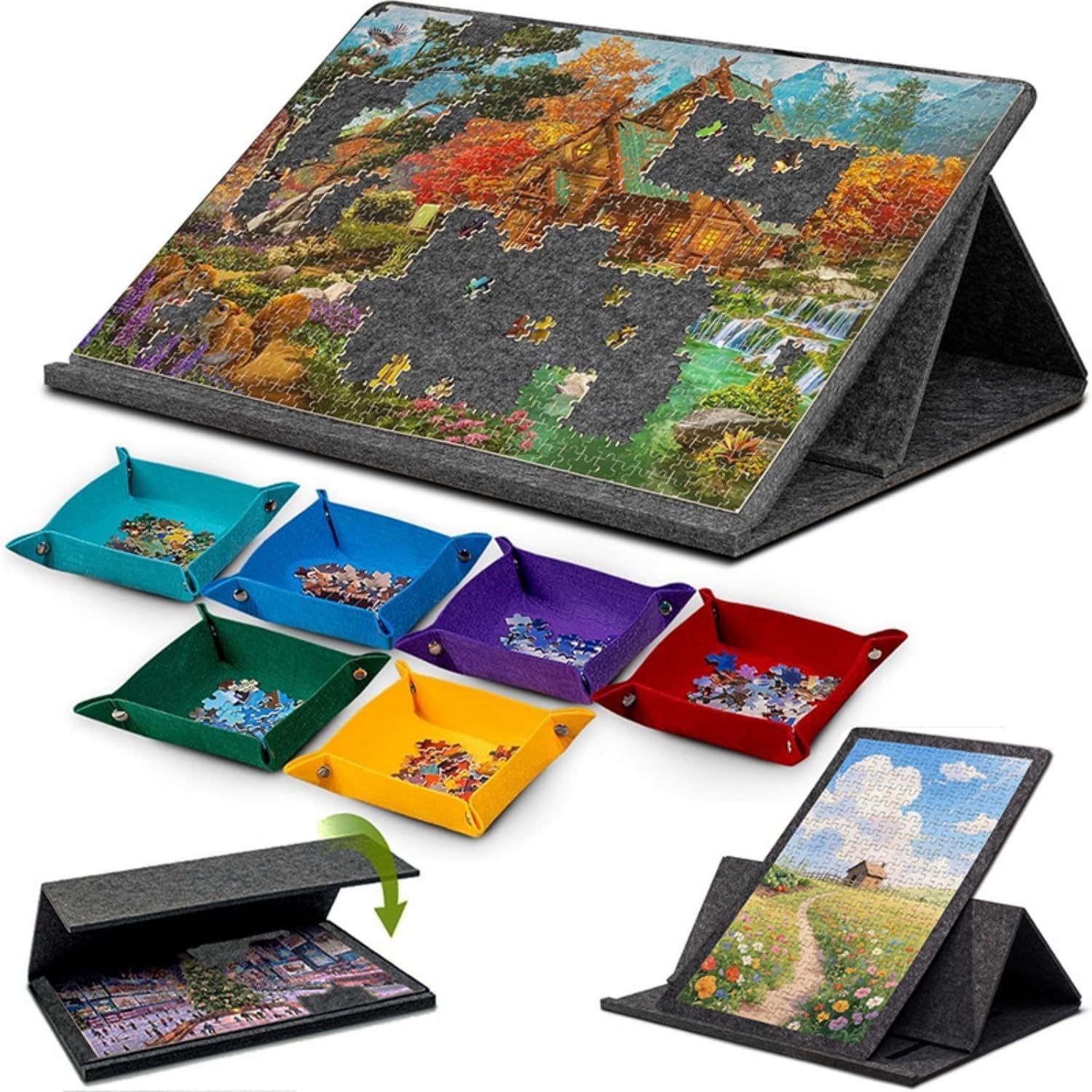 Puzzle Board with Cover and 6 Drawers, Tilting Puzzle Board with 2-in-1 Designed Stand & Cover, Lightweight Felt Jigsaw Storage with 6 Drawers for Adults, Portable Jigsaw Puzzle Table 1000 Pieces