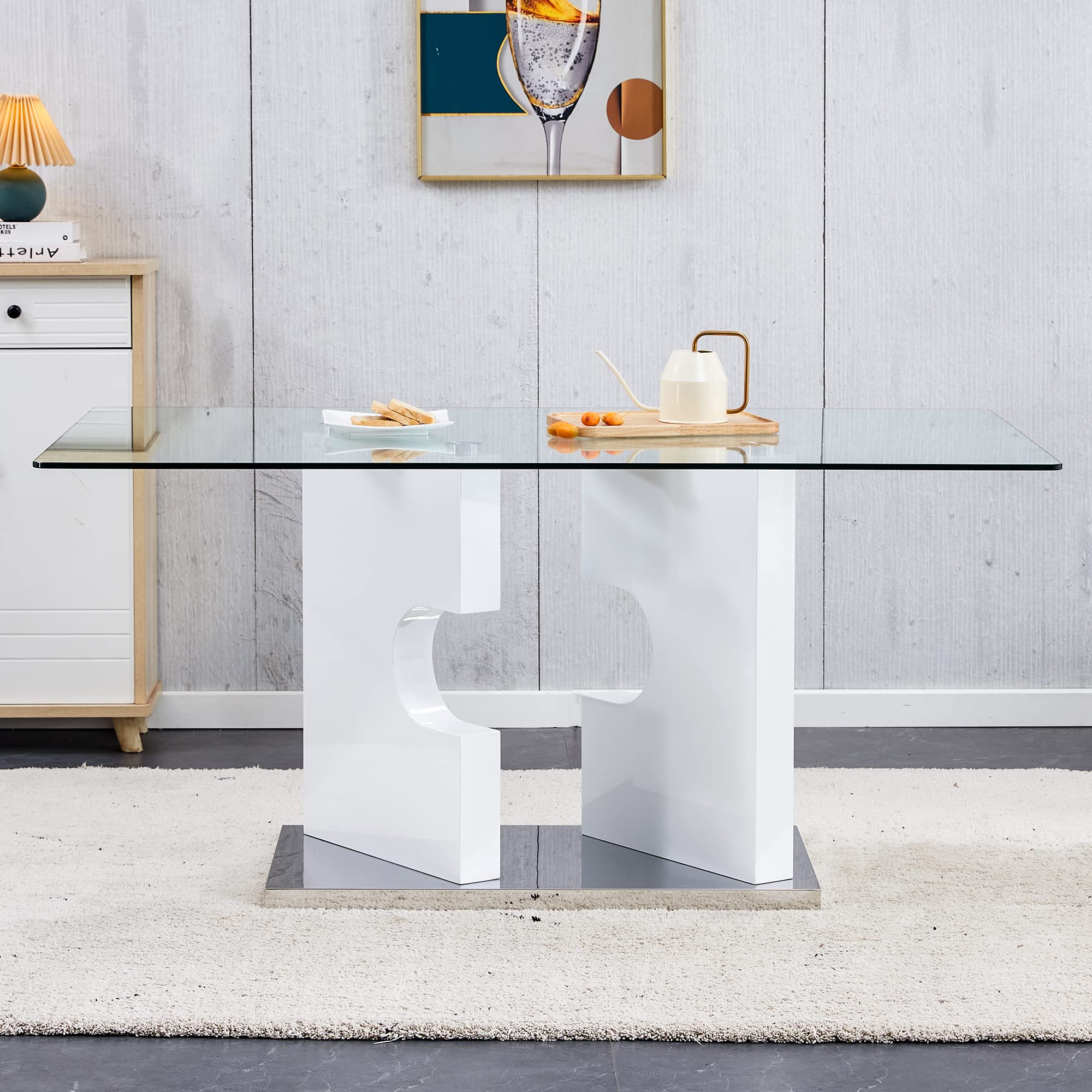 NYEESS Glass Dining Table,63 Inch Dining Room Table for 4-6 People,Kitchen Table with Tempered Glass Top and Special White Base