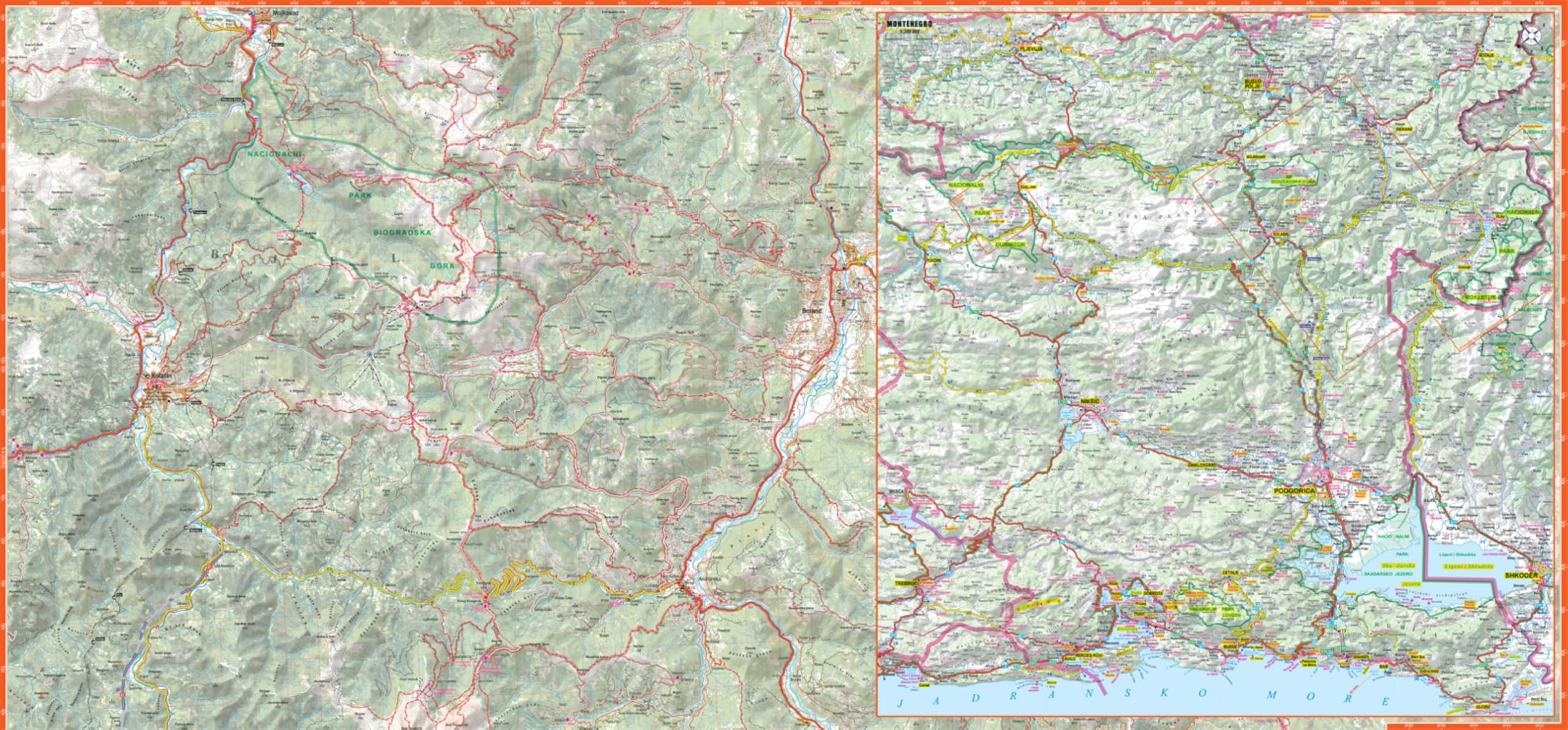 Montagnes du Monténégro. Durmitor, Bjelasica, Prokletije, Komovi 1/65.000 (carte grand format laminée; trekking tQ). Montenegro Mountains