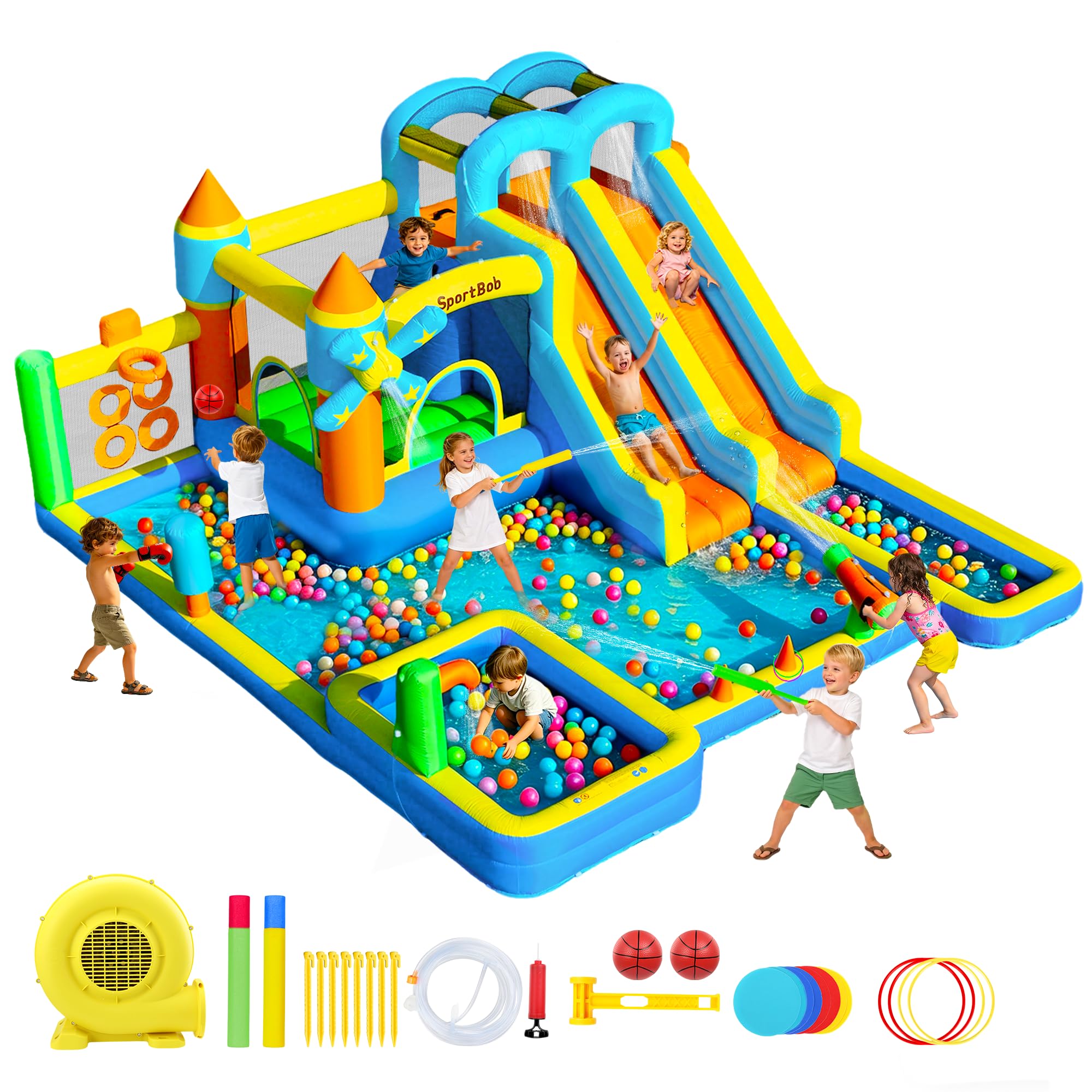 Castello gonfiabile con doppio scivolo, ventola, piscina per bambini, area per salti e parete da arrampicata, ideale per uso interno ed esterno, riunioni di famiglia e occasioni di compleanno
