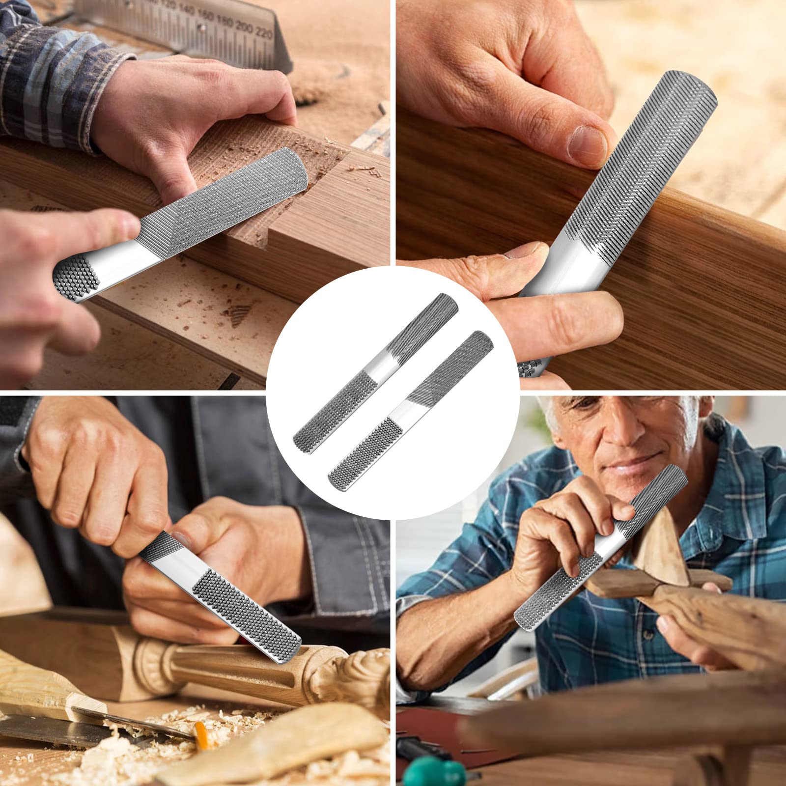 2 limas de madera de 8 pulgadas y 4 vías, lima de mano de alto carbono de grado premium y escofina redonda, lima plana y de aguja, lima de mano multifuncional para afilar madera, metal