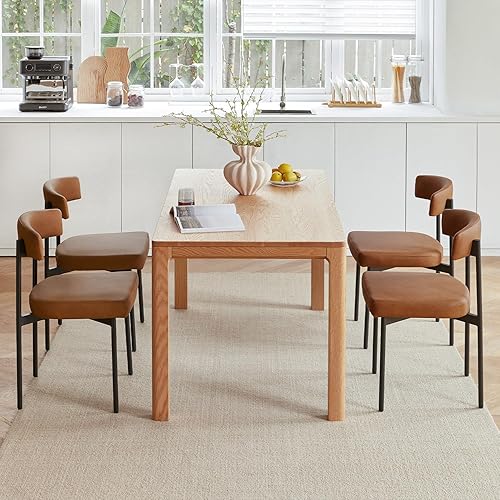Miniatura 7 de Juego de 2 sillas de comedor de piel sintética marrón, silla de cocina tapizada sin brazos, moderna silla de comedor con respaldo curvado