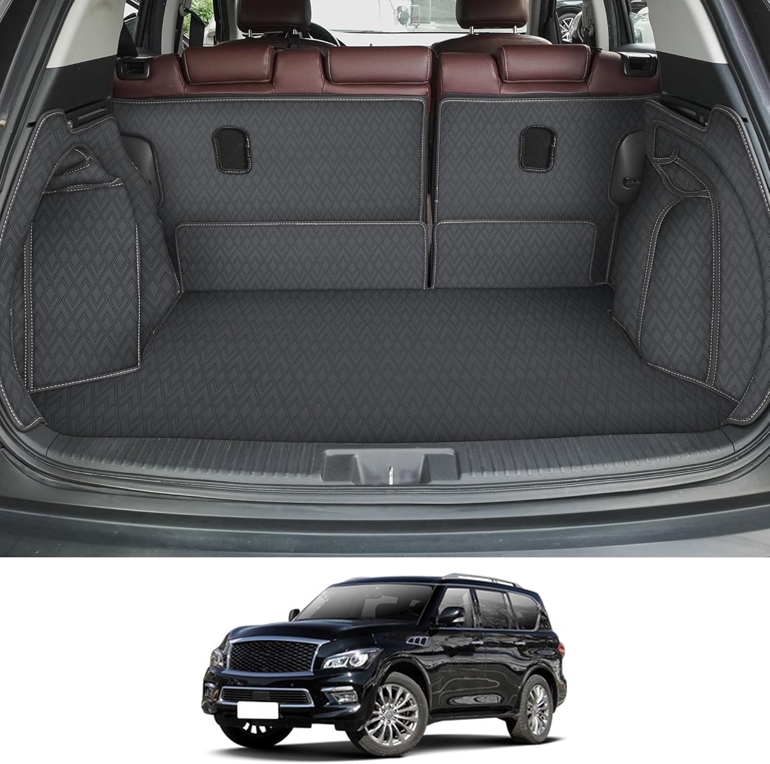 Cargo Mat & Backrest Mat Compatible with 2017-2024 Nissan Armada / 11-13 Infiniti QX56 / 2014-2024 QX80 (2nd & 3rd Rows) - Custom Fit PU Leather Cargo Liner and Backrest Protector