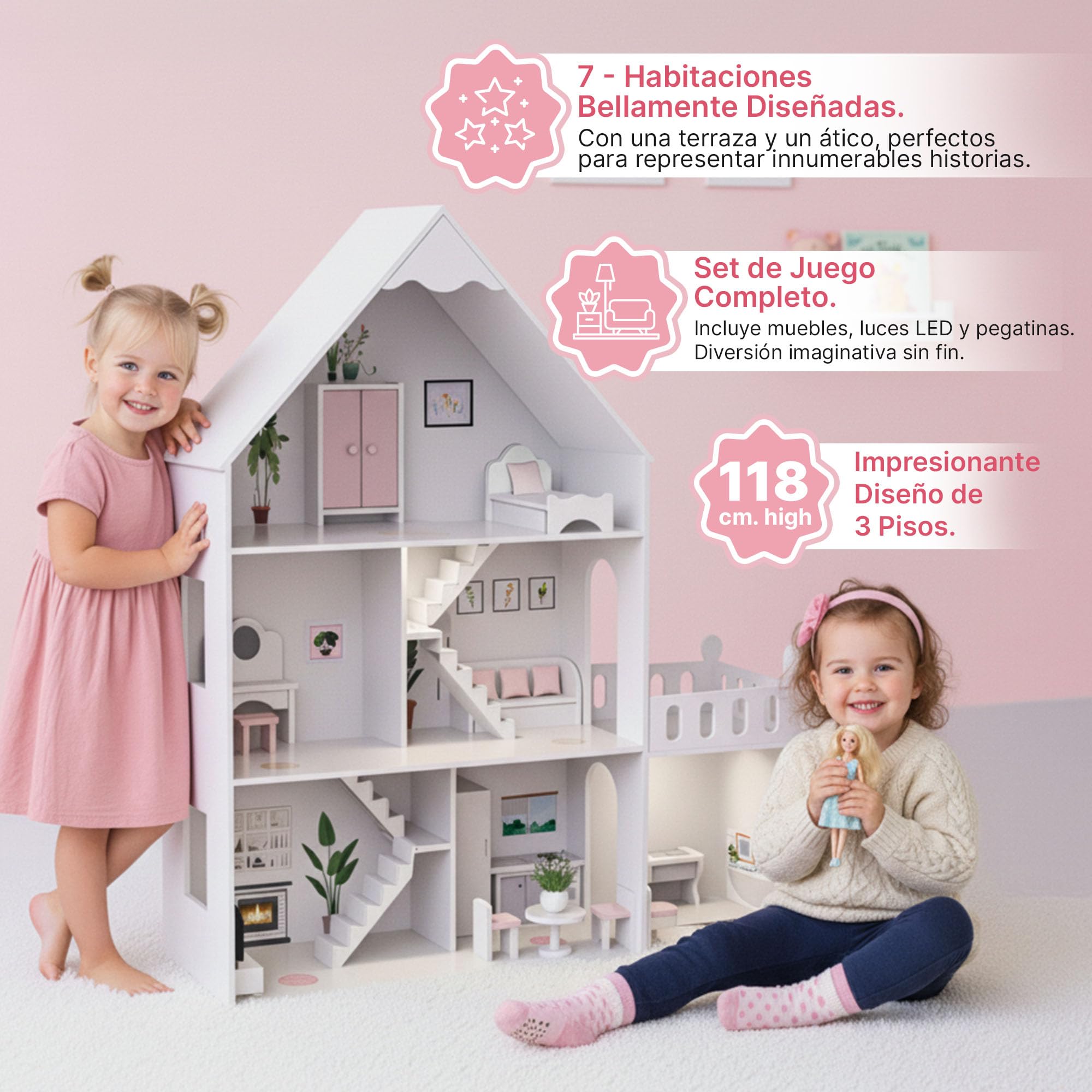 Barbie Casa de muñecas de madera grande 118 cm – Kinderplay 3 pisos casa de muñecas para niños con muebles, luz LED, pegatinas y accesorios – Casa de juegos de madera moderna regalo a partir de 3 años