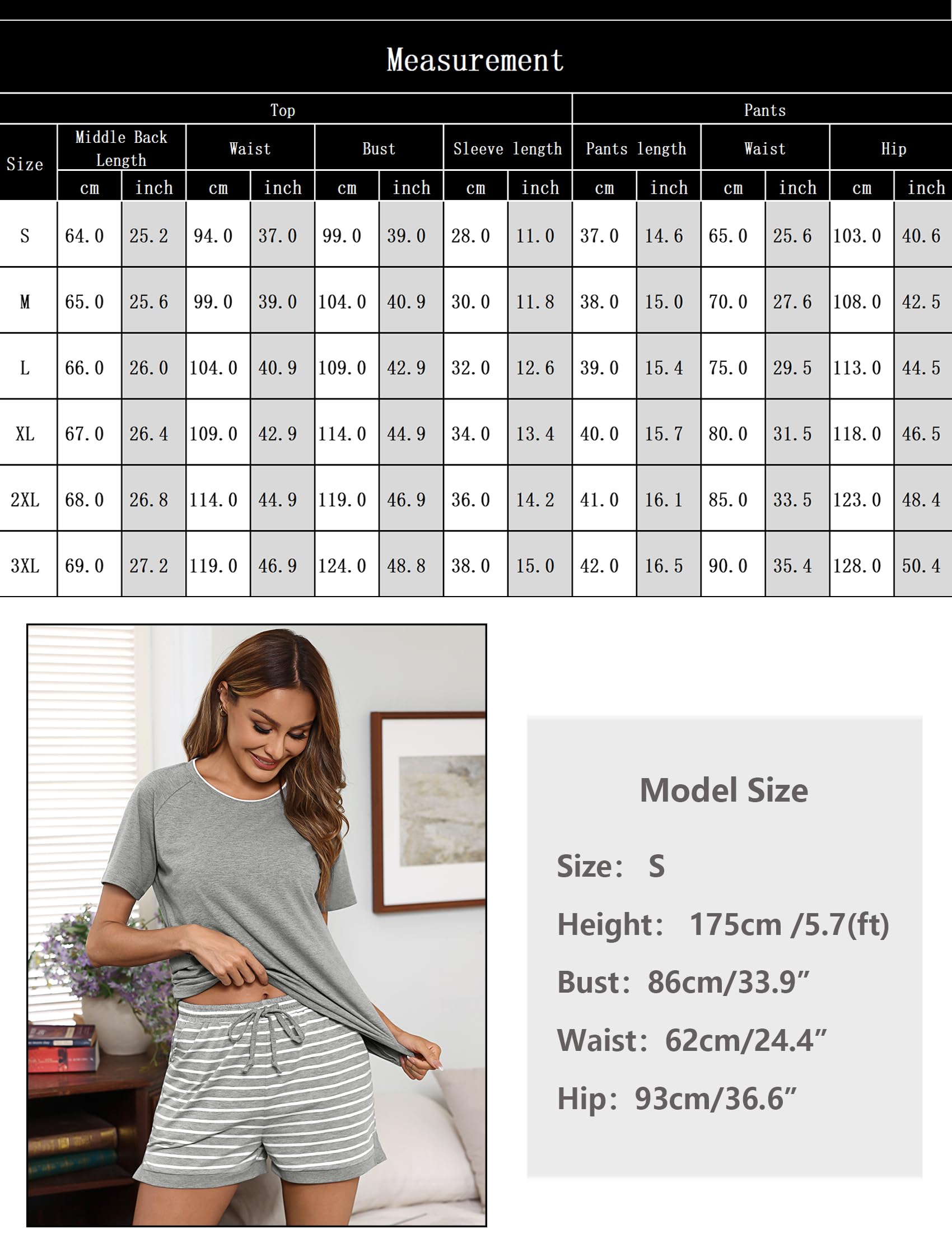 Litherday Schlafanzug Damen Kurz Pyjama Kurzarm Baumwolle Pyjamas Set Nachtwäsche Set Zweiteiliger mit Damen Pyjamahose und Shirt Rundhals Elastischer Bund Taschen Sleepwear Sommer