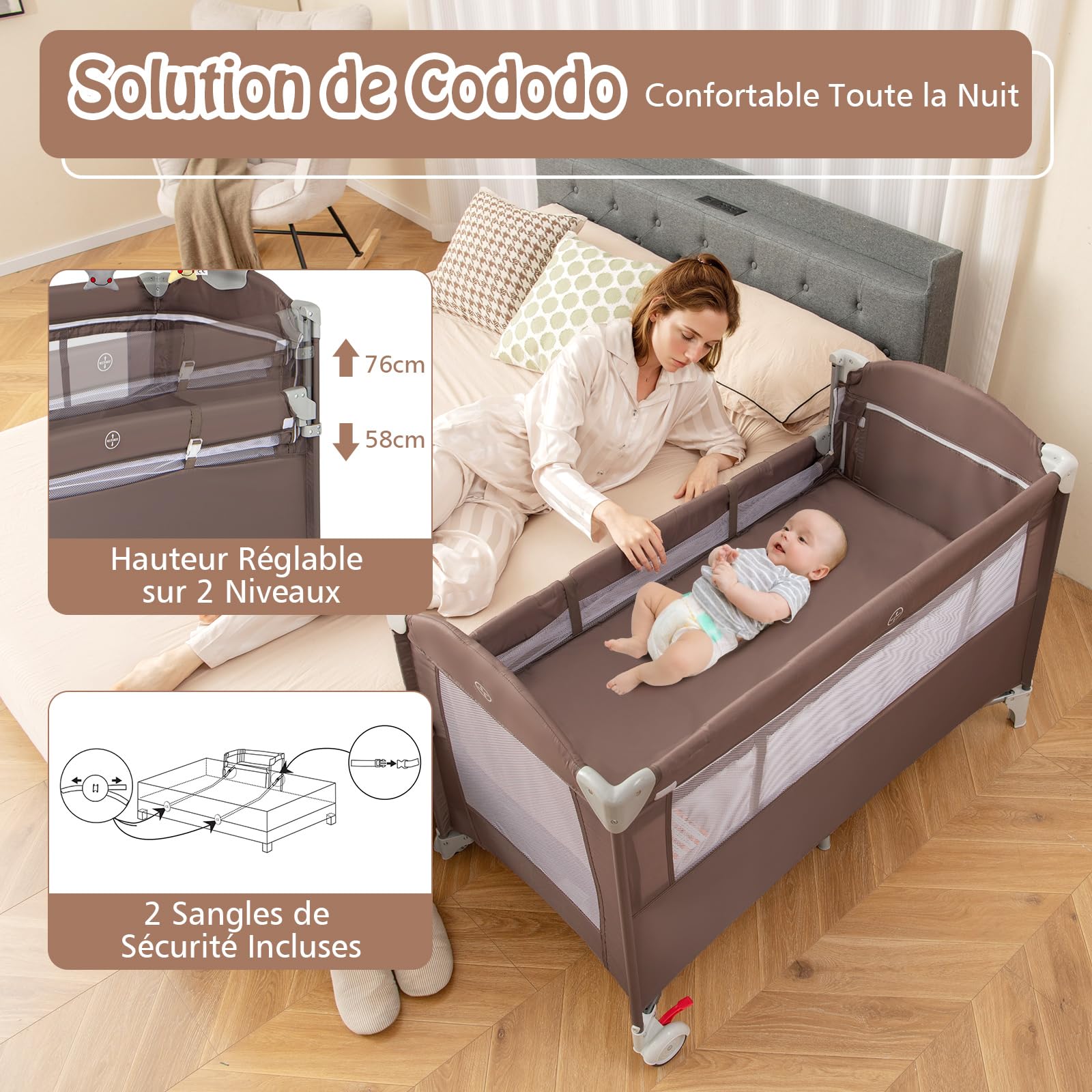 DREAMADE Lit Parapluie Bébé avec Matelas,5 en 1 Lit Cododo 125x65x76CM Tout-Petites 0-3 Ans avec Porte-Couches,Roues Verrouillables,Musique,Jouets Suspendus,Table à Langer,Sac de Transport (Marron)