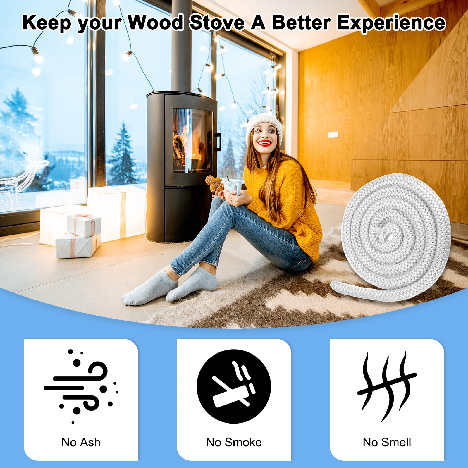 M METERXITY Wood Stove Gasket, 1" x 118.1" Round Fiberglass Seal Rope Gasket Rope Replacement for Fireplace Door/Wood Stoves - Image 3