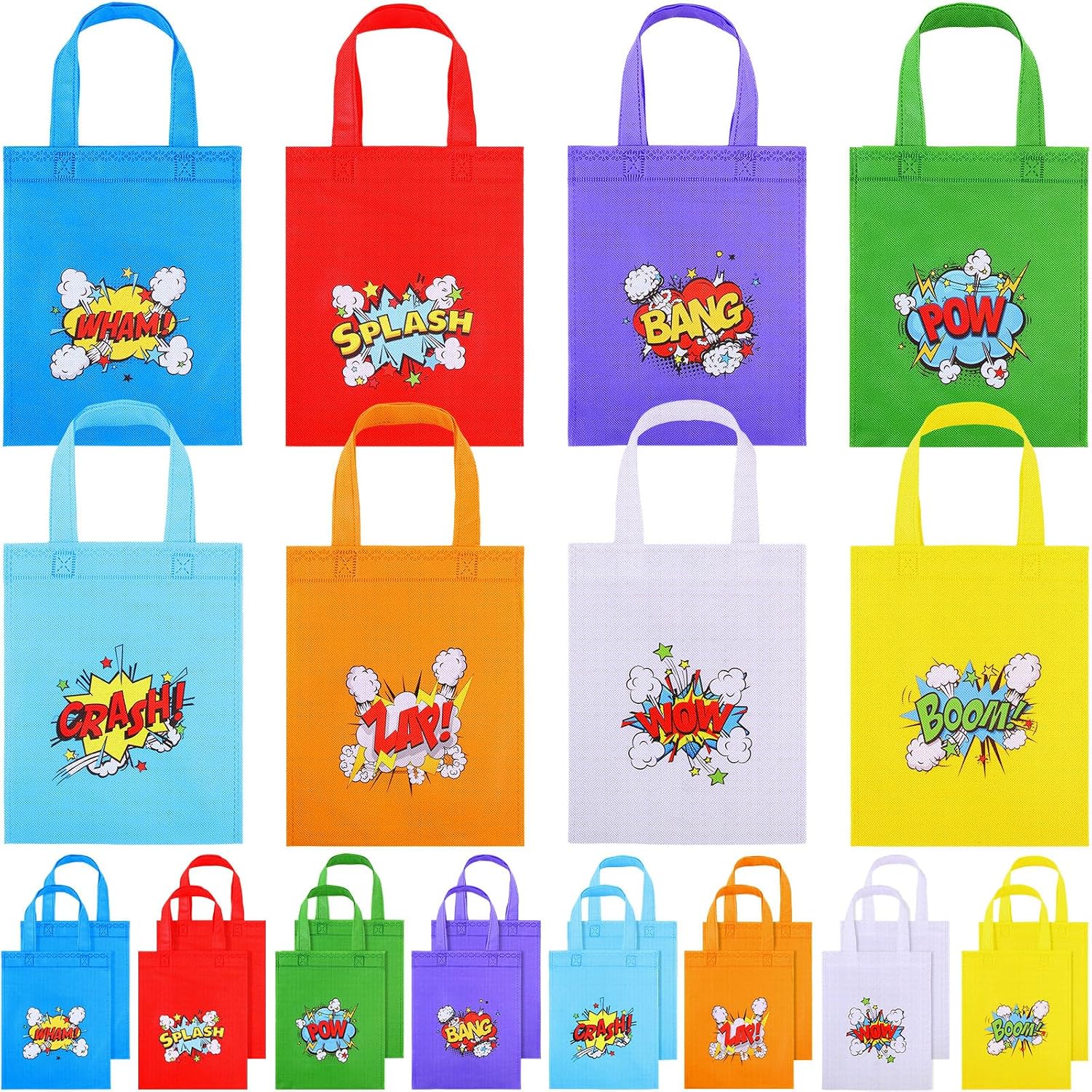 Hosuly 24 Pieces Hero Party Favor Bags Non Woven Tote Reusable Bags Bulk Hero Theme Goodie Candy Gift Treat Handbags for Birthday Party Supplies, 8 Styles(Funny Style) image 5