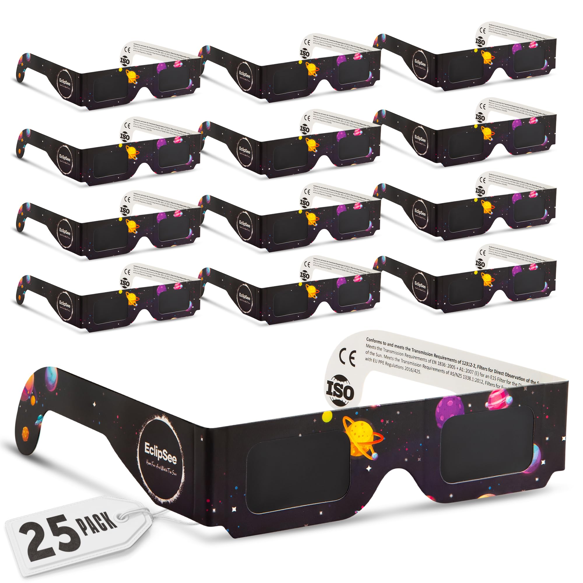EclipSee Solar Eclipse Glasses (25 Pack) CE and ISO Certified, Safe Shades for Direct Sun Viewing 2024 Approved
