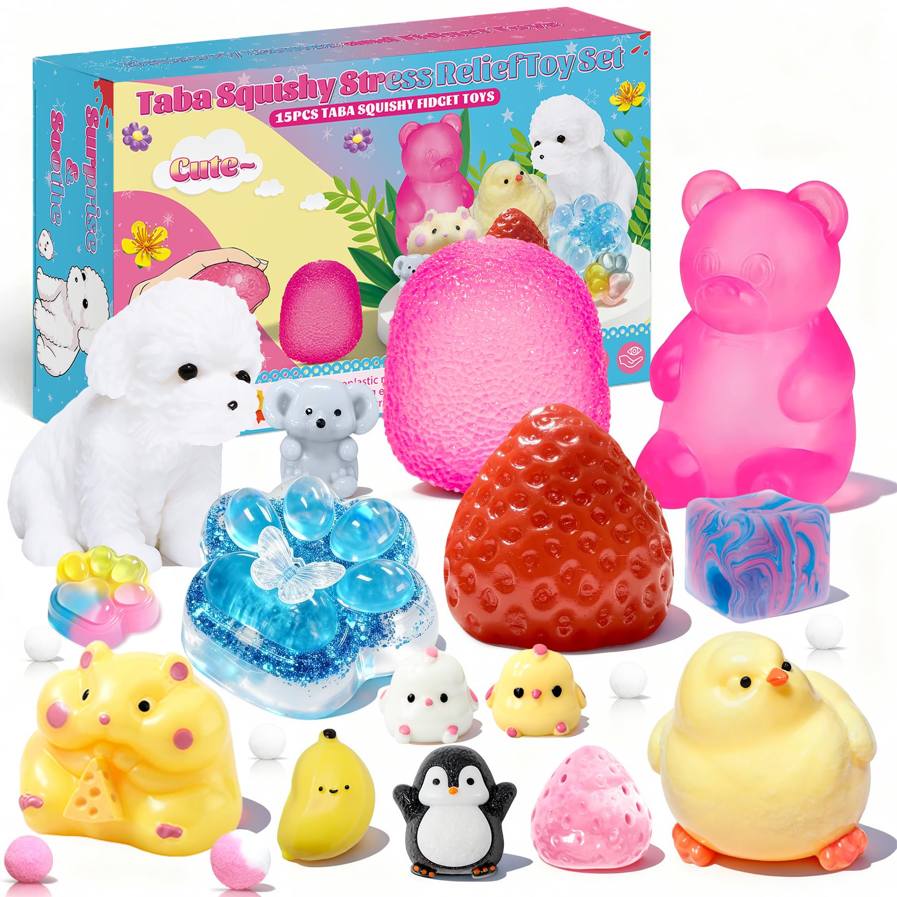 Photo 1 of 15Pcs Taba Squishies Kit, Squishies Fidget Toys, Including Strawberry, Cat Paw, Hamster Toy, Stress Relief Toys Party Favors for Kids 4-8 8-12, Sensory Toys Birthday Easter Gifts
