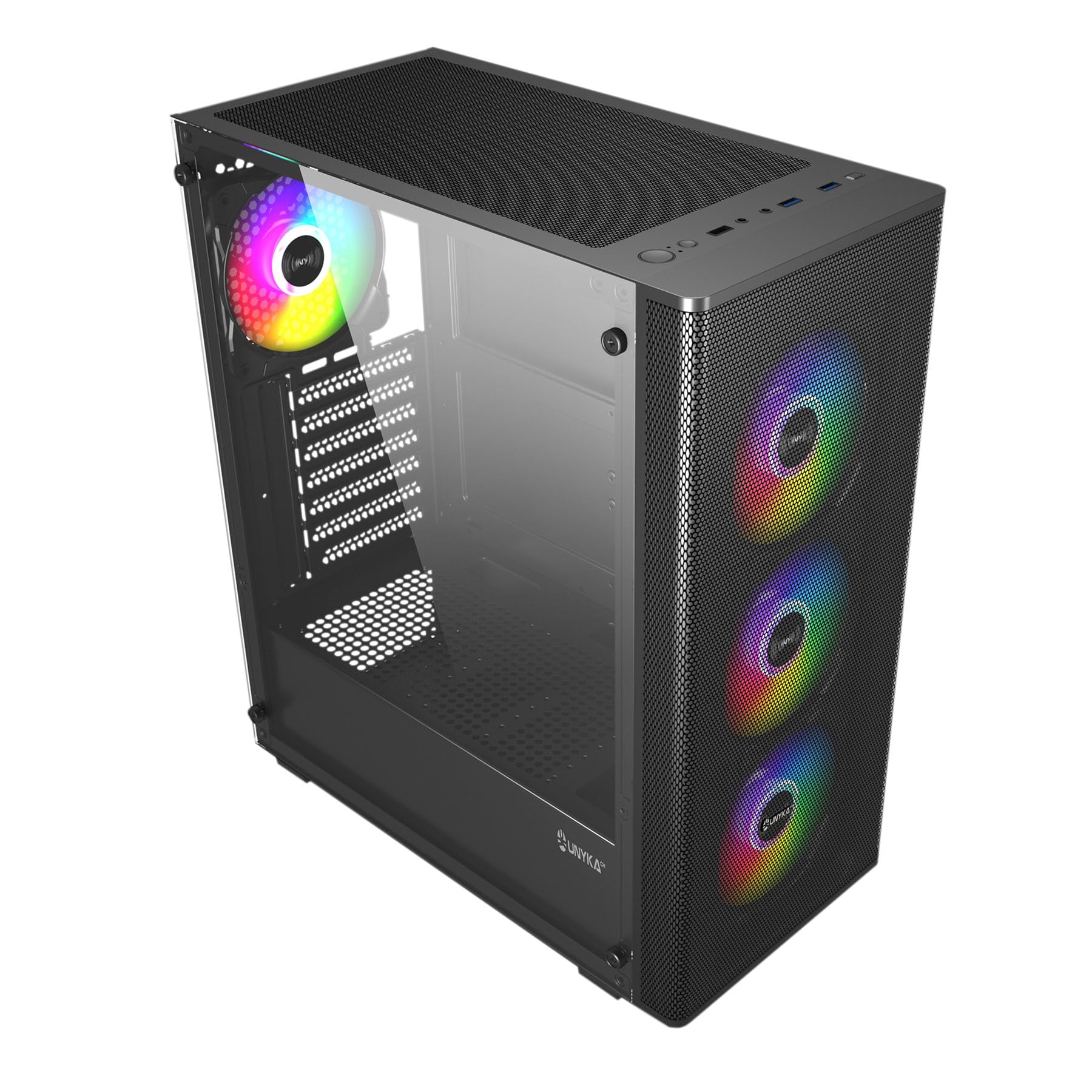 UNYKAch ATX MIR 100 - Scatola per computer da gaming grande formato con 4 ventole ARGB, 1 USB 2.0 e 3 USB 3.0