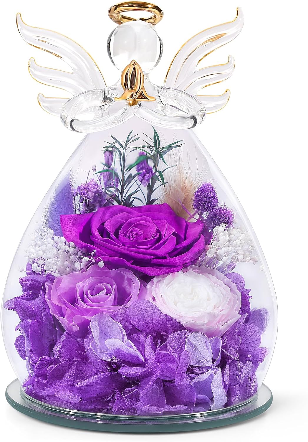 Valentines Day Gifts for Her Birthday Gifts for Mom Women Preserved Rose Forever Flower in Glass Angel Figurines Fresh Flowers for Delivery Purple Mothers Anniversary for Grandma Wife from Daughter