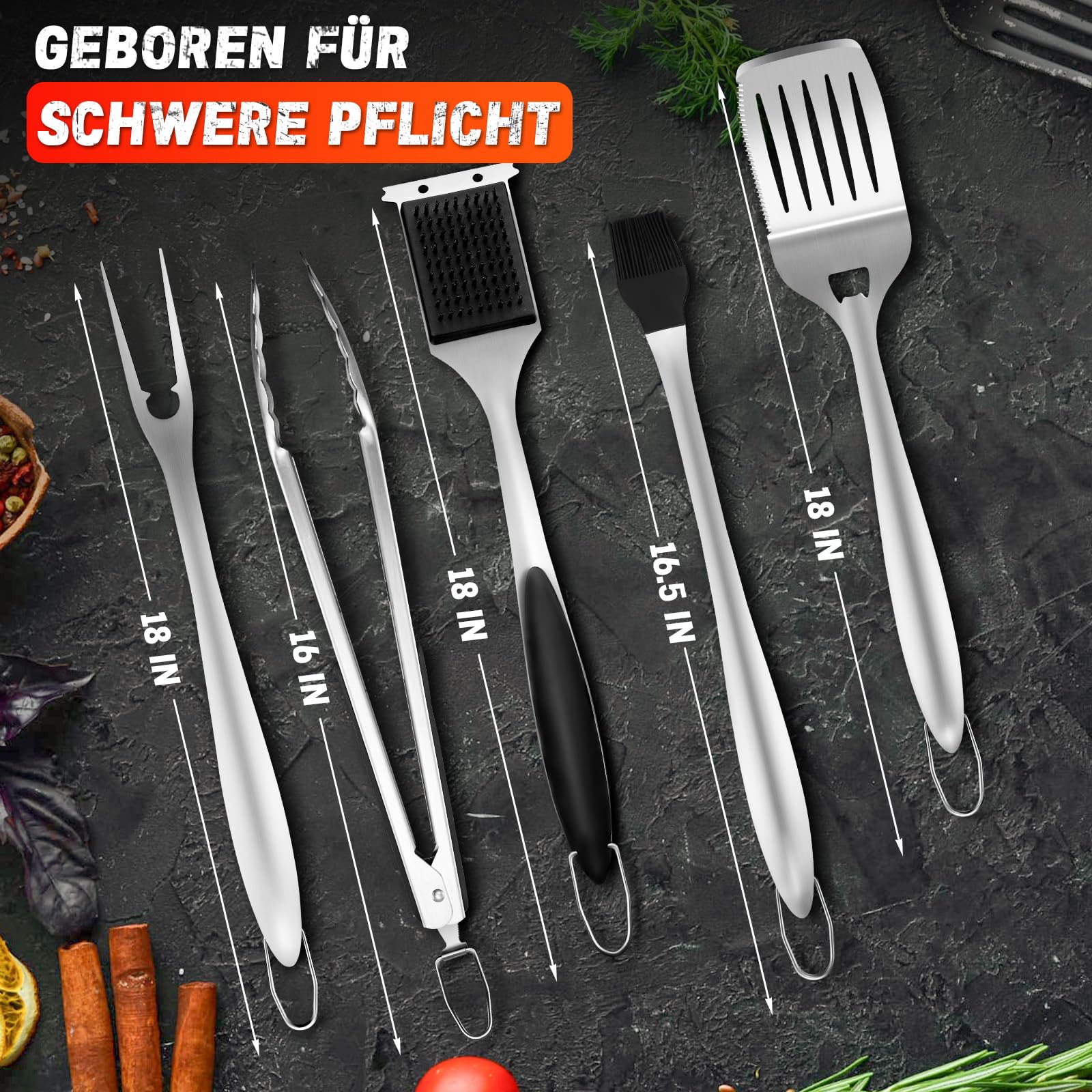 PURPLEBIRD Set Accesorios Barbacoa Acero Inoxidable 6 Piezas | Set esencial para barbacoa con herramientas resistentes para cocinar al aire libre.