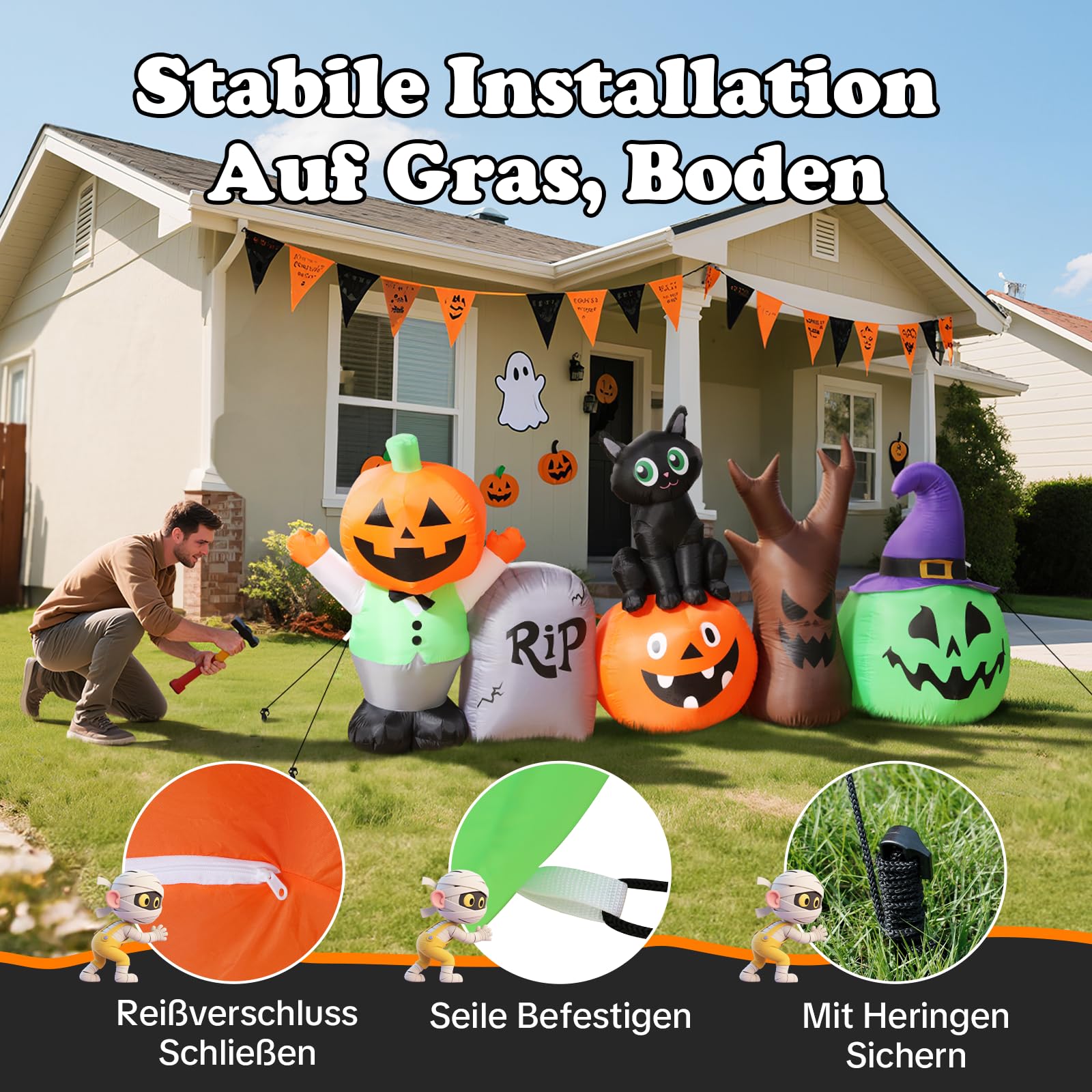 250CM Lange Halloween Aufblasbare Dekoration mit Integrierten LED, Schwarz Katze Grabstein Kürbis Deko Aufblasbare Gartendekoration Halloween Decoration für Outdoor Rasen Garten Veranda Party