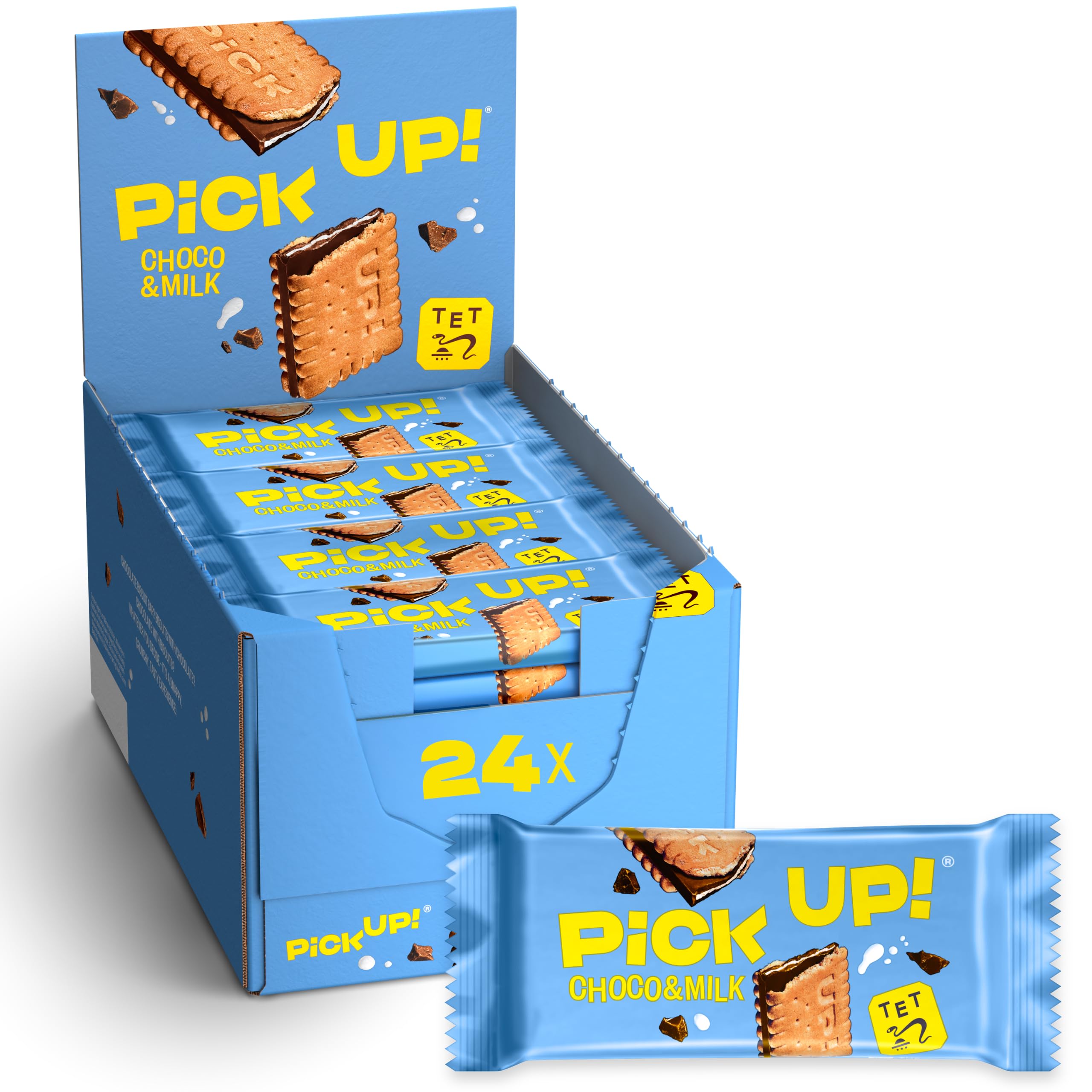 PiCK UP! Choco&Milk (24 x 28 g), Keksriegel mit knackiger Milchschokolade und Milchcreme zwischen zwei Keksen, der Snack für unterwegs, Thekenaufsteller mit 24 Stück