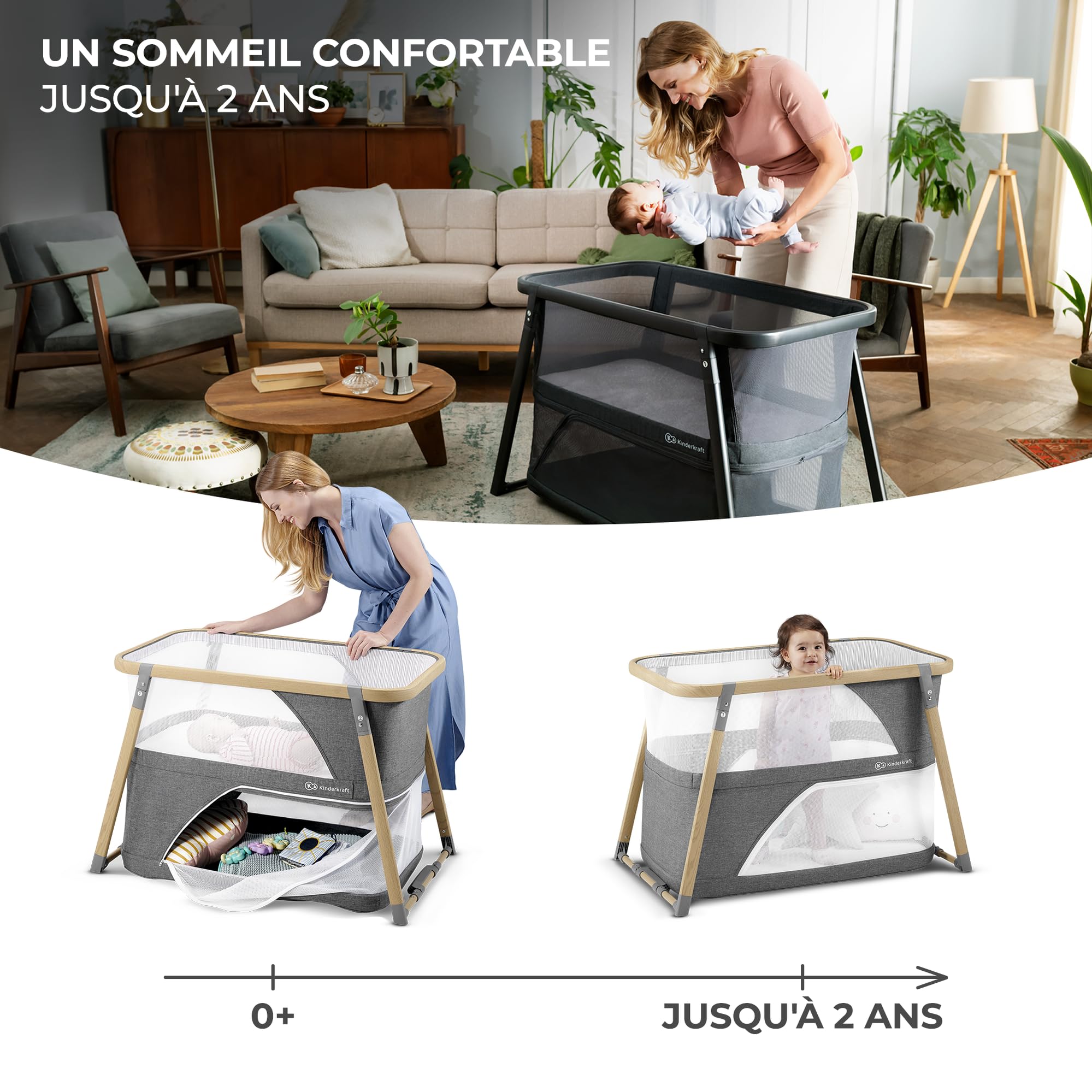 KINDERKRAFT Lit Bébé Sofi, 4en1, Parapluie, Parc Bébé, Voyage, Gris, 1 Unité