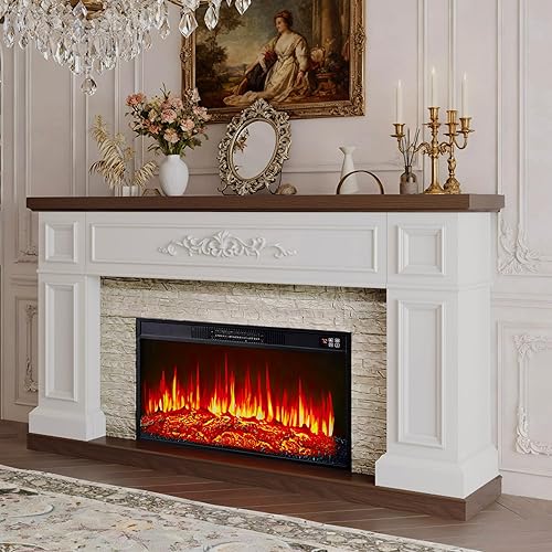 BLANKSPACE 60" Landscape Electric Fireplace with Mantel, Solid Wood Modern Entertainment Center TV Stand, Replaceable 30" Fireplace Insert Heater, for Living Room, Bedroom