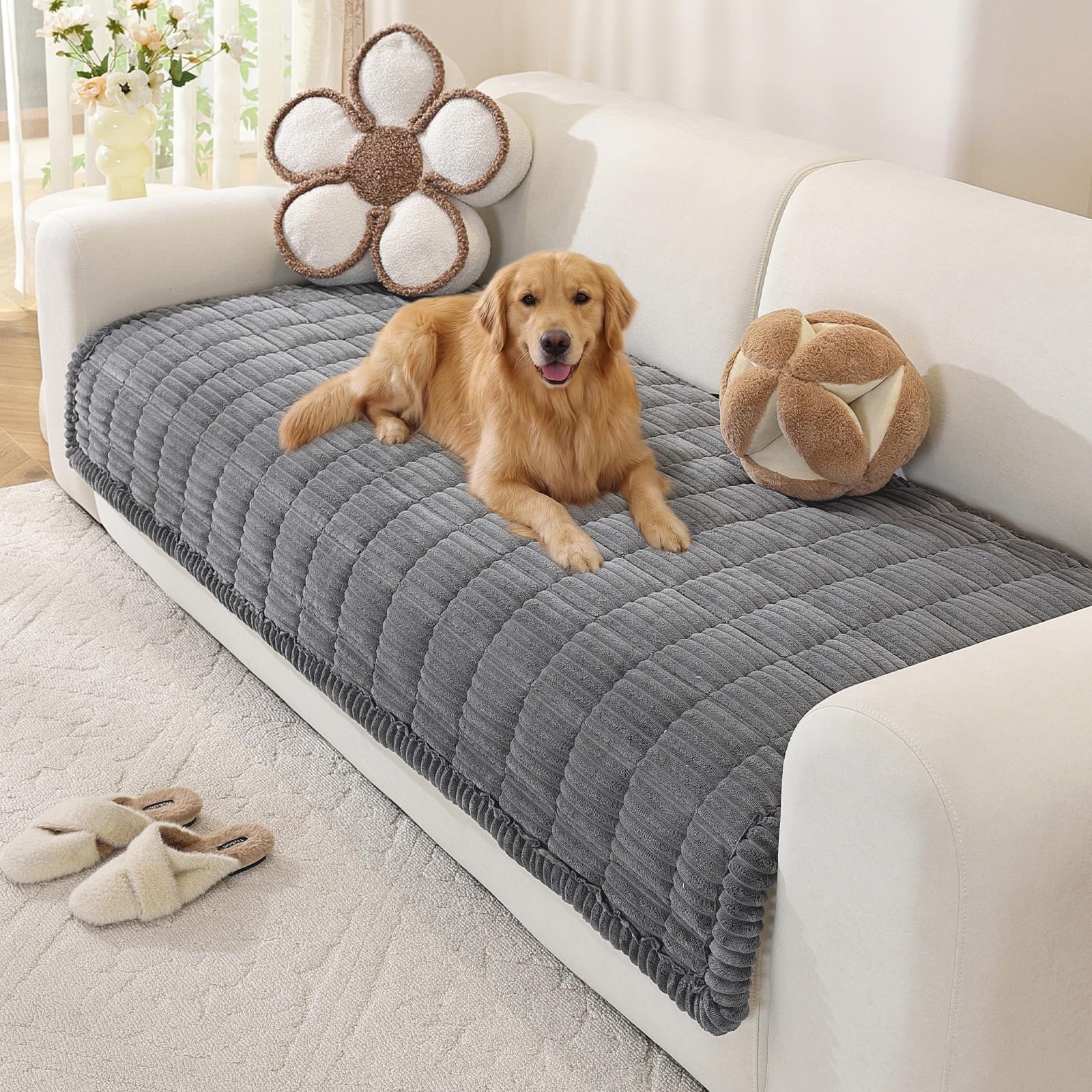 OstepDecor Sofa Covers 2 3 4 Seater, Pet Sofa Cover, Settee Covers, Couch Protectors for Dogs, L-Shaped Corner Couch Cover, Thick Soft Corduroy Fuzzy Pads for Pets and Kids (Dark.Grey, 90x240cm)