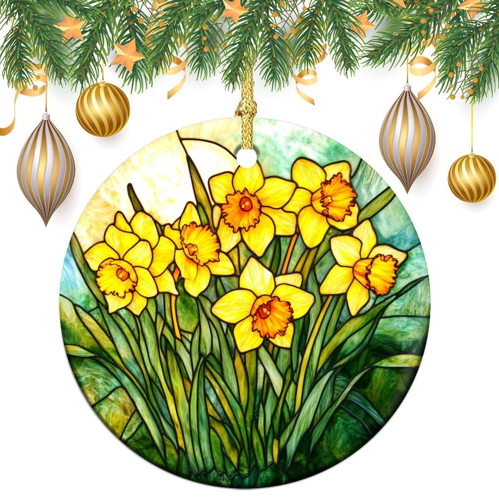 Stained Glass of Daffodils Christmas Tree Hanging Ornaments,2 Pieces, 7.2CM Round Double-Sided