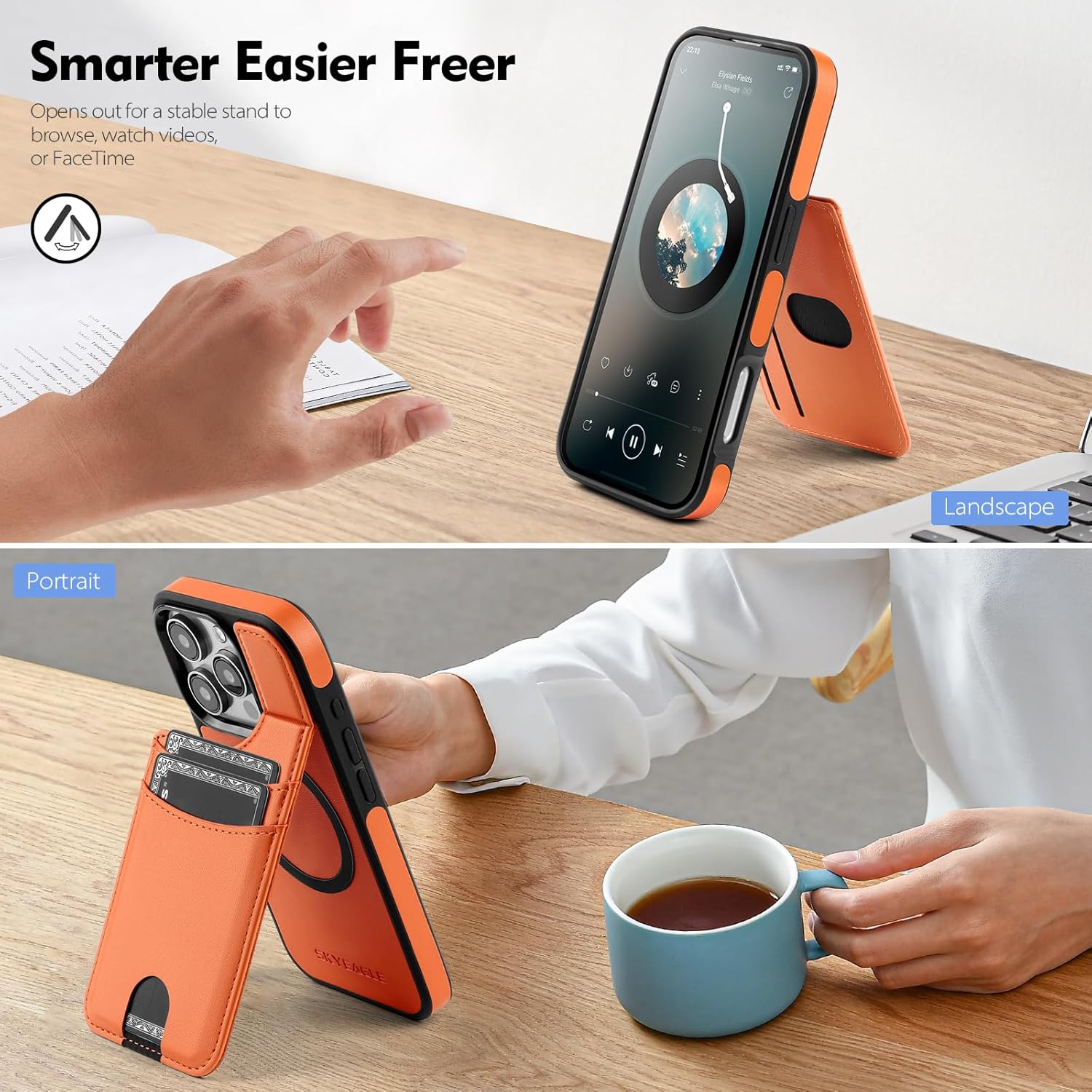 Compatible with Magsafe for iPhone 16 Pro Max Wallet Case with Card Holder Kickstand RFID Blocking Flip Cover Credit Card Slots PU Leather Men Women,Phone Case for Apple 16 ProMax,Orange - Image 3