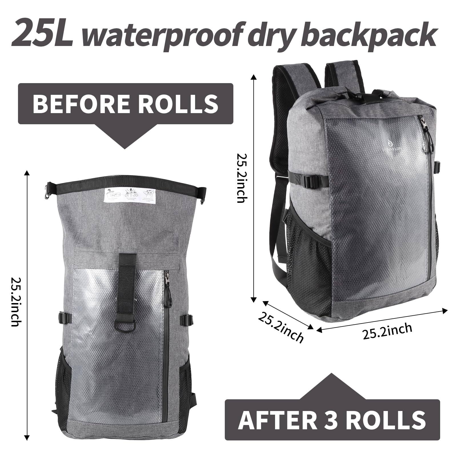 Sac à dos étanche de 25 L pour kayak, sac étanche avec pochette à la taille et étui pour téléphone, sac étanche marin