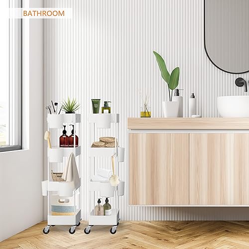 Miniatura 6 de CAXXA Organizador de almacenamiento rodante de 4 niveles con 4 cestas pequeñas, carrito móvil con ruedas giratorias, color blanco